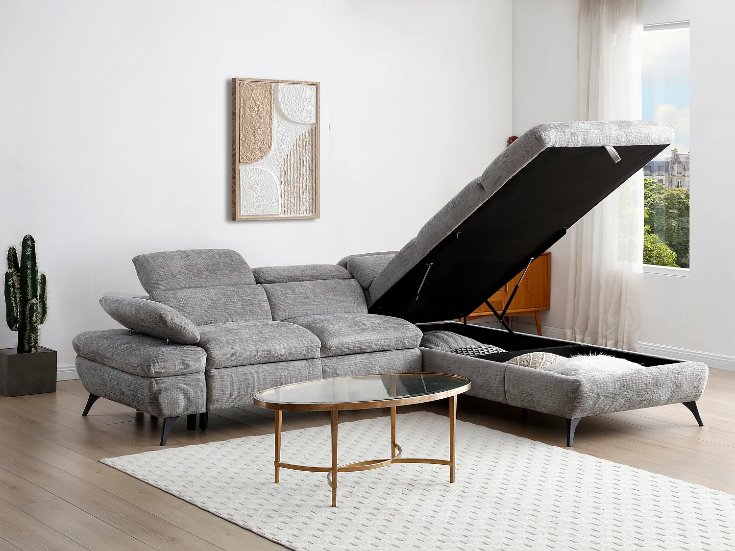 Canapé d'angle droit convertible avec dossier méridienne en tissu texturé gris SURDELI