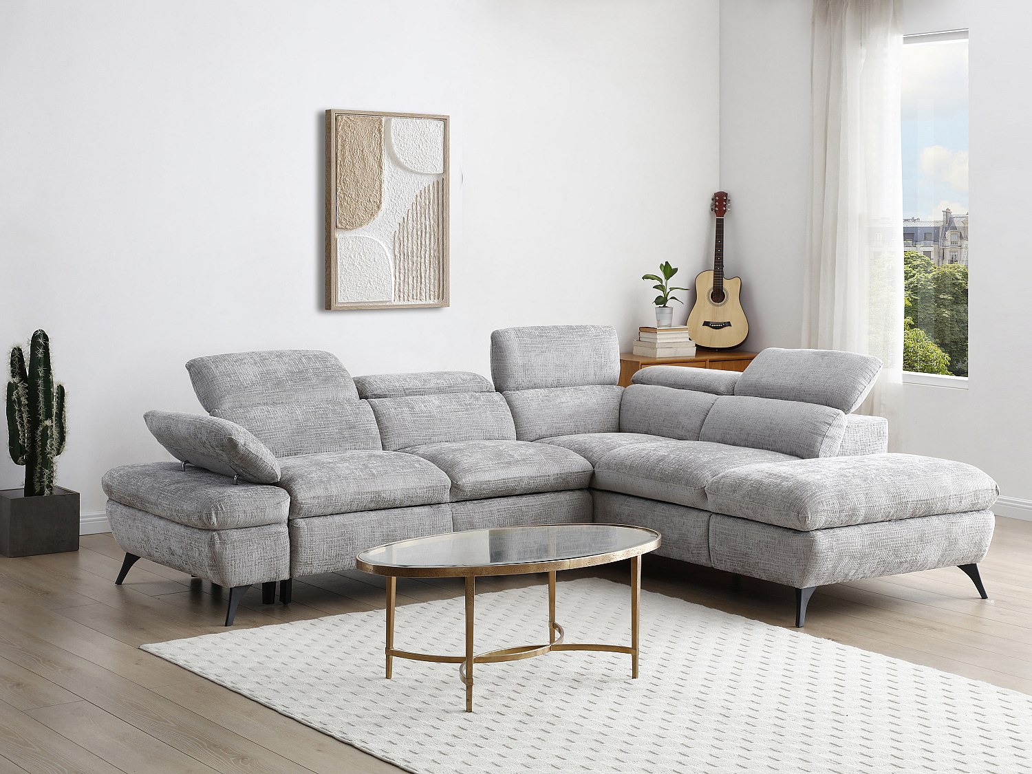 Høyrevendt sovesofasvingsofa i grå teksturert stoff SURDELI