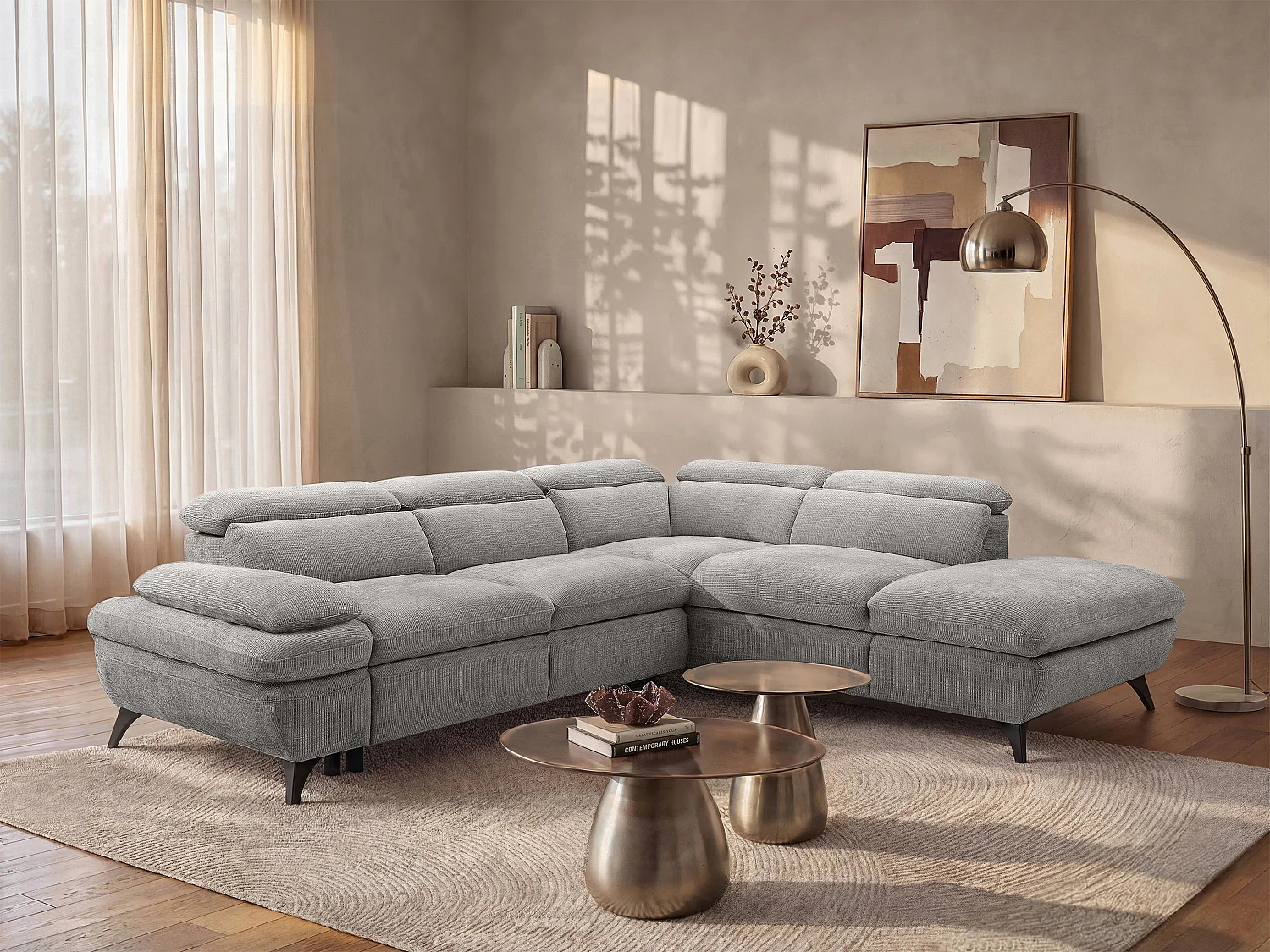 Canapé d'angle droit convertible avec dossier méridienne en tissu texturé gris SURDELI