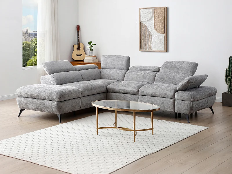 Ecksofa mit Schlaffunktion - Ecke links - Strukturstoff - mit Rückenlehne - Grau - SURDELI