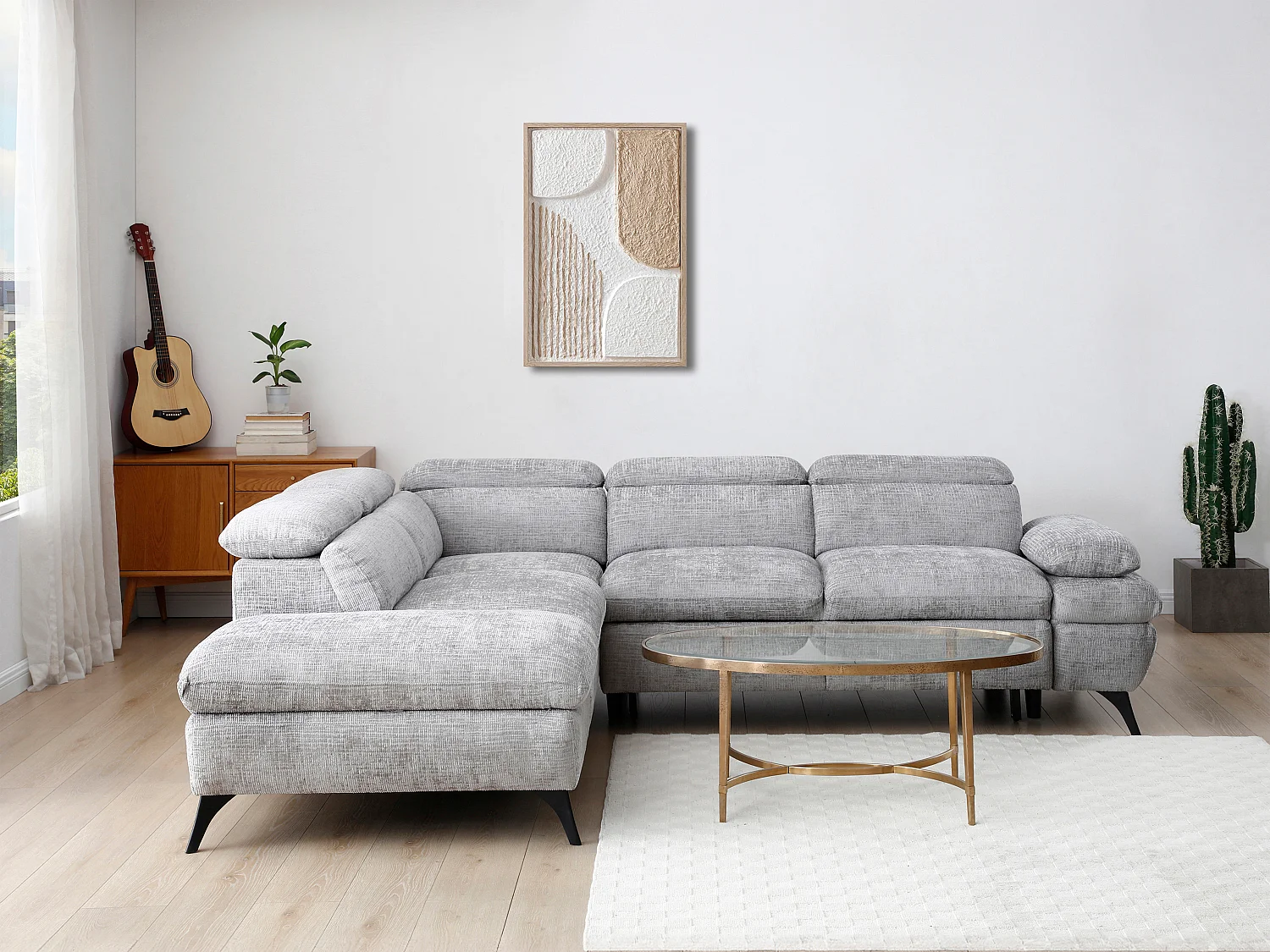 Canapé d'angle gauche convertible avec dossier méridienne en tissu texturé gris SURDELI