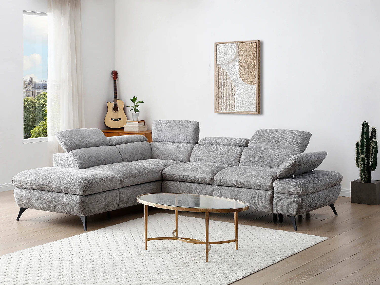 Canapé d'angle gauche convertible avec dossier méridienne en tissu texturé gris SURDELI