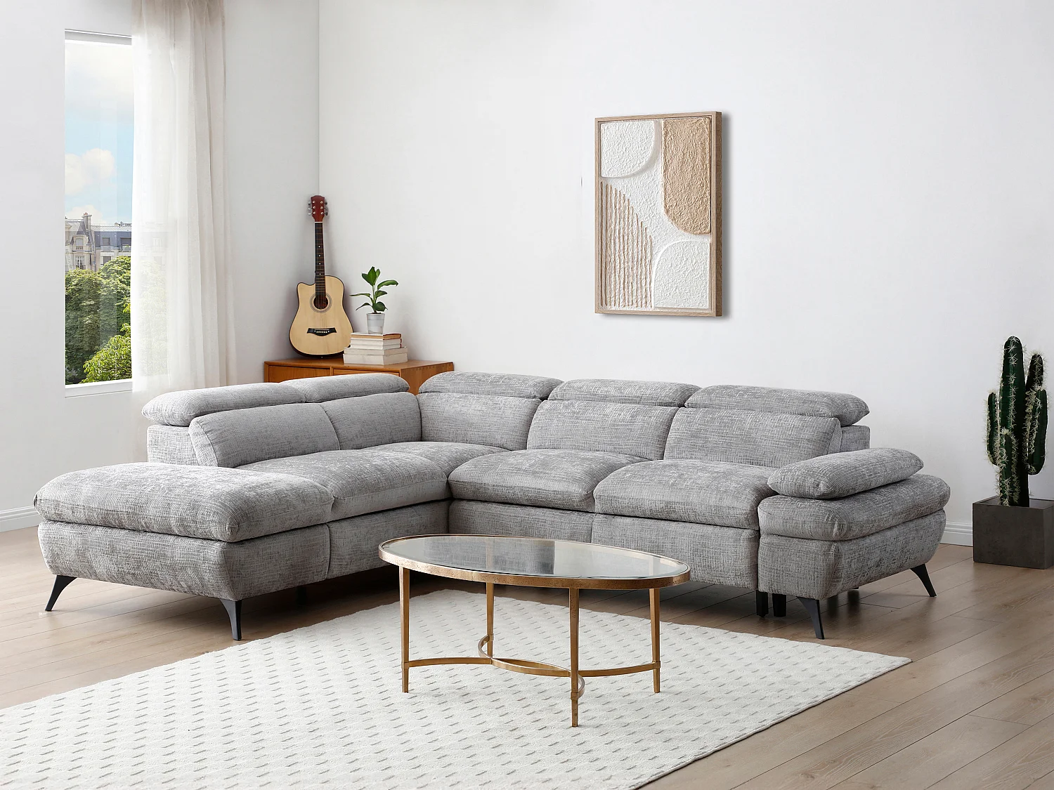Canapé d'angle gauche convertible avec dossier méridienne en tissu texturé gris SURDELI