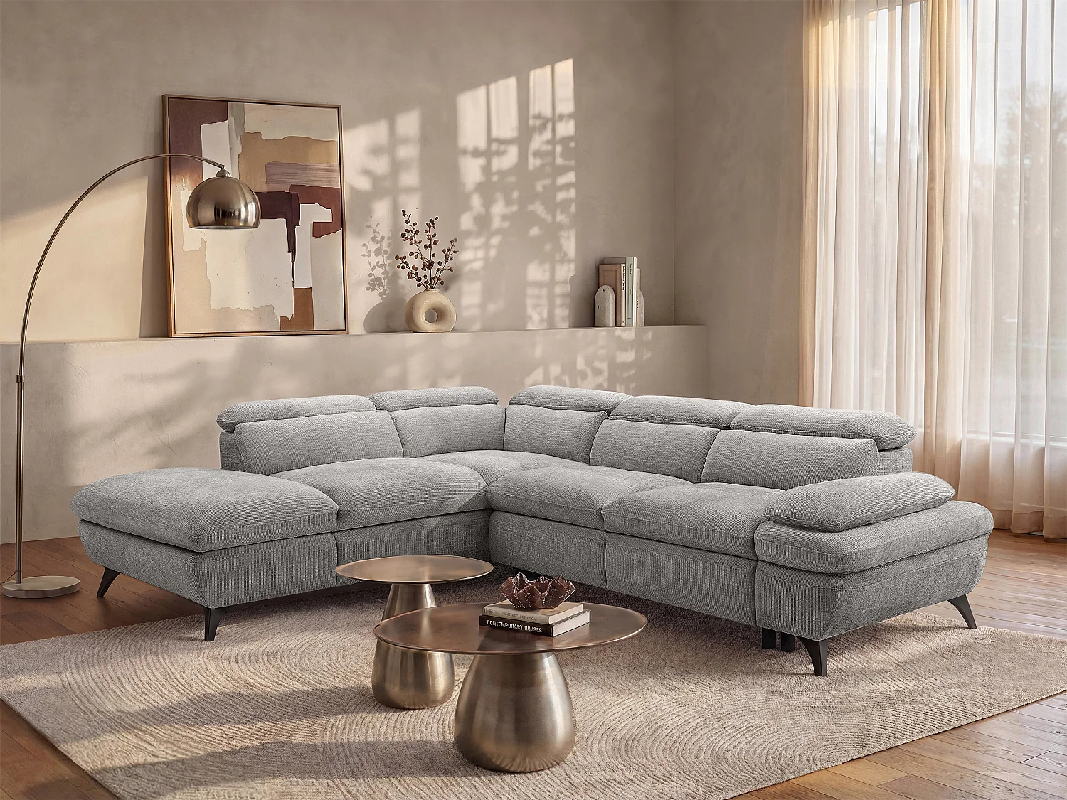 Canapé d'angle gauche convertible avec dossier méridienne en tissu texturé gris SURDELI