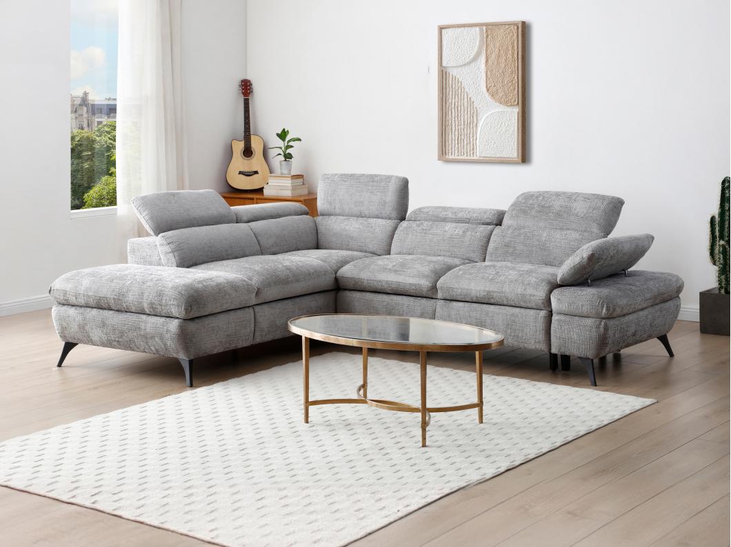 Canapé d'angle gauche convertible en tissu texturé gris SURDELI
