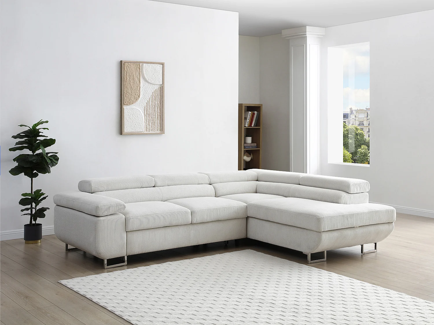 Canapé d'angle droit convertible en velours côtelé beige NURAZIO