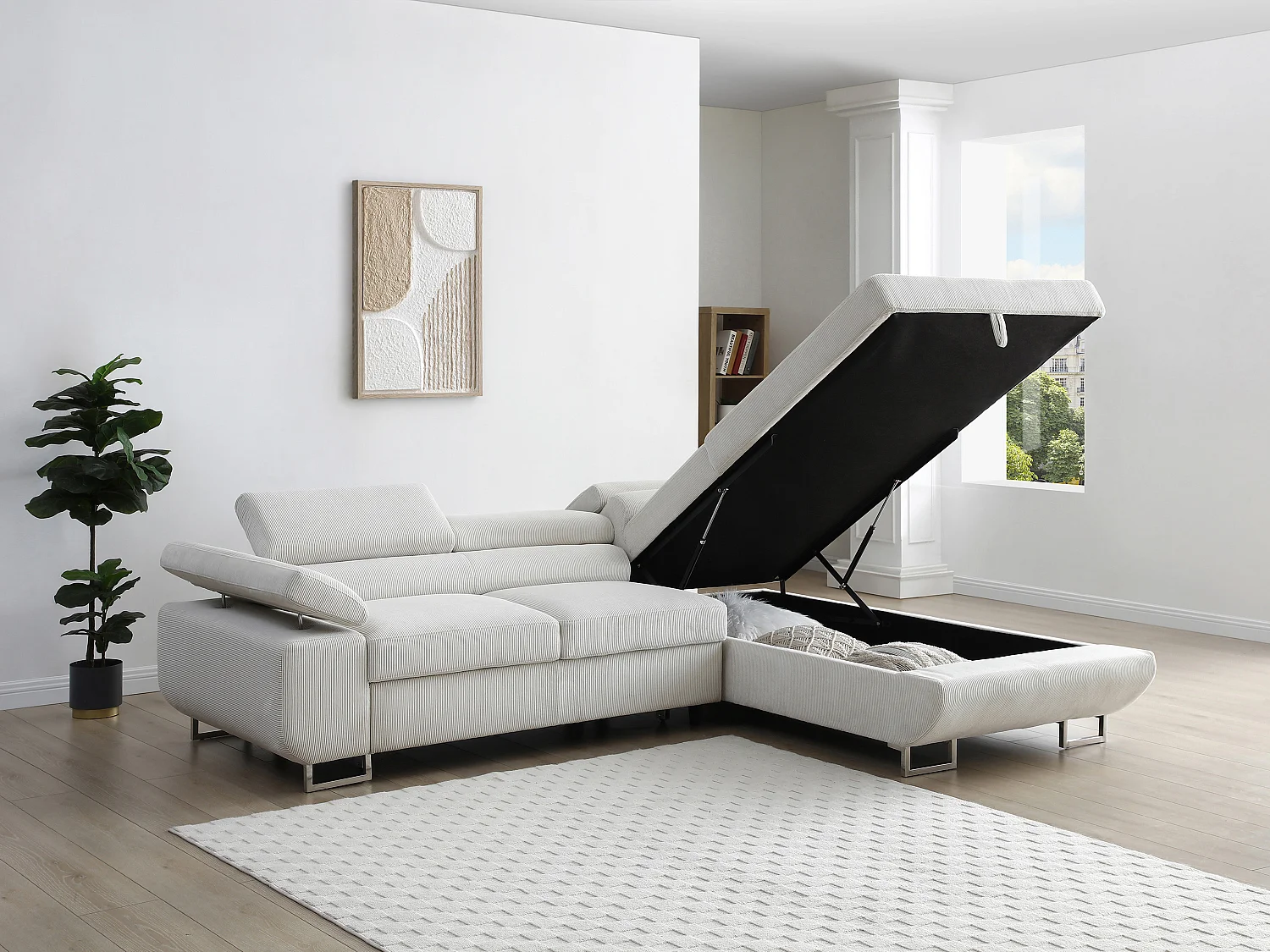 Canapé d'angle droit convertible en velours côtelé beige NURAZIO