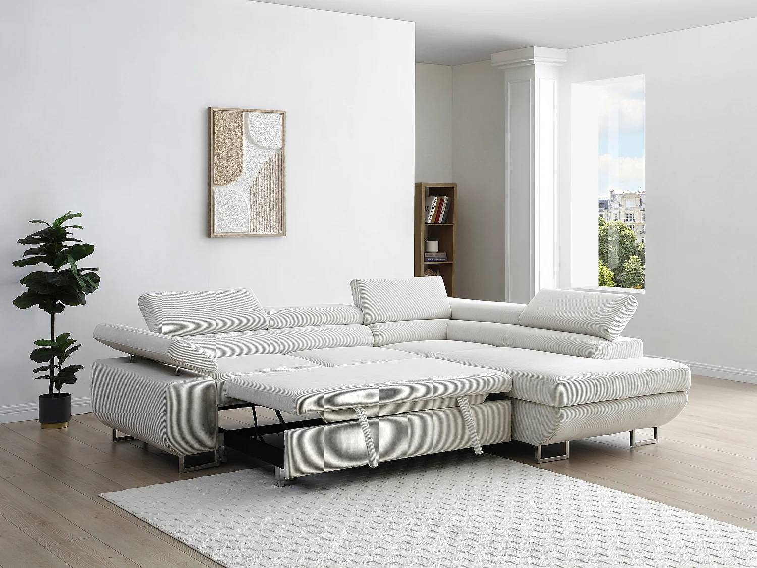 Canapé d'angle droit convertible en velours côtelé beige NURAZIO