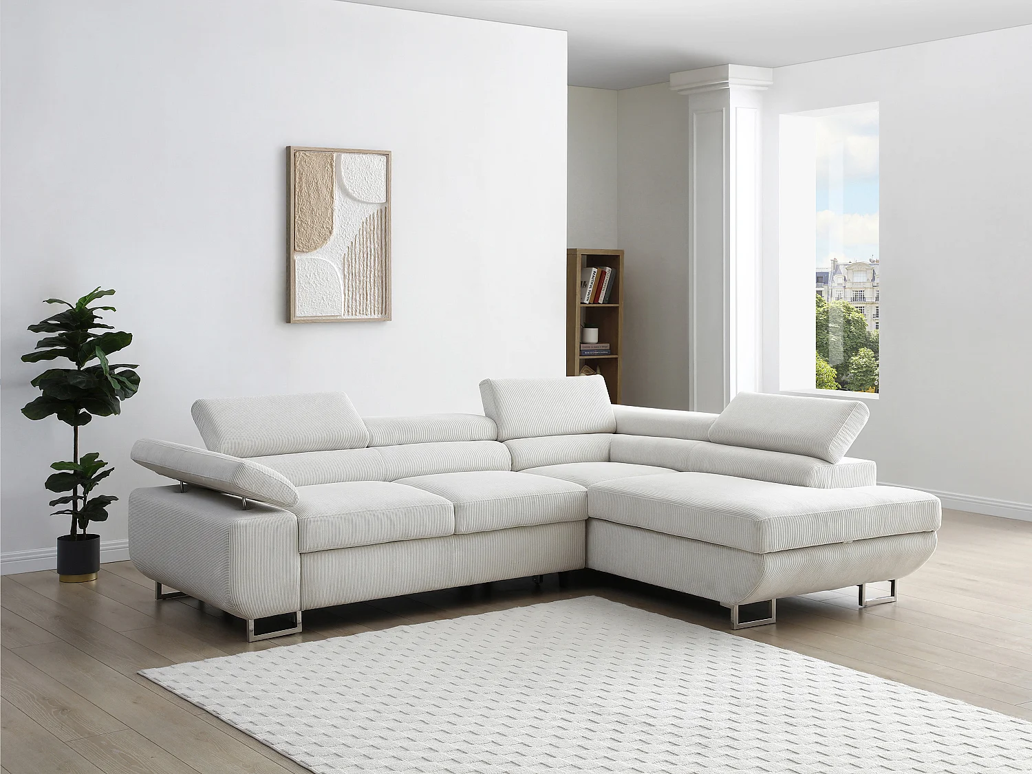 Canapé d'angle droit convertible en velours côtelé beige NURAZIO