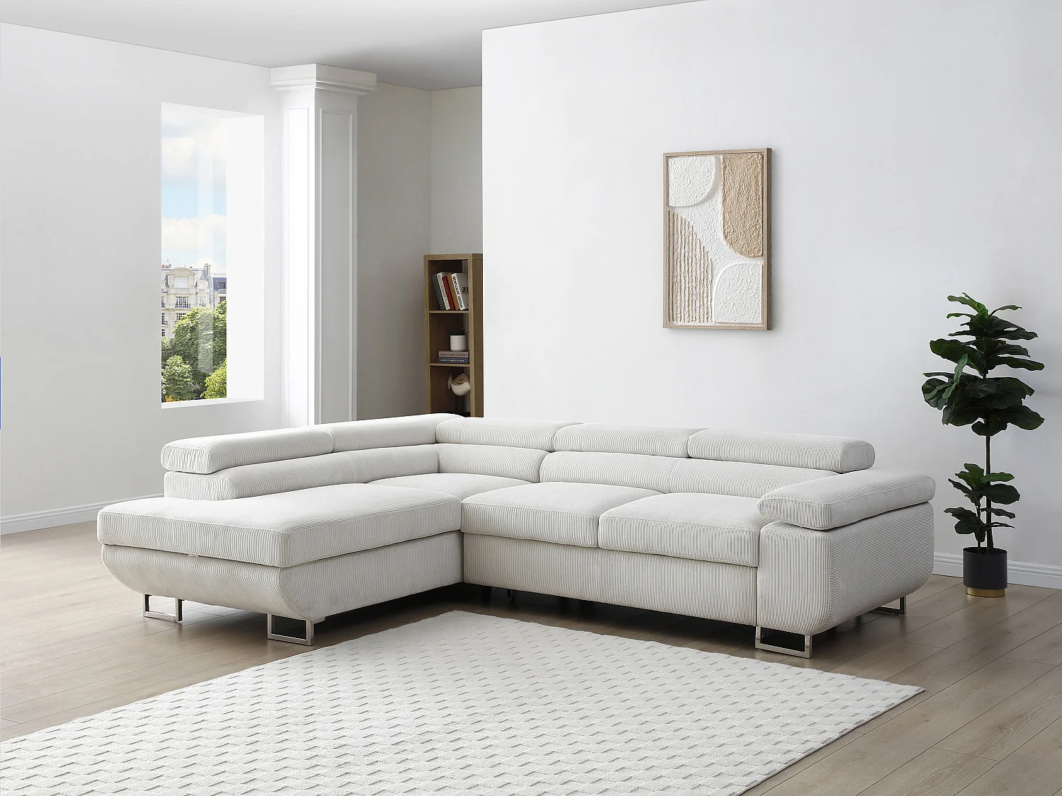 Canapé d'angle gauche convertible en velours côtelé beige NURAZIO