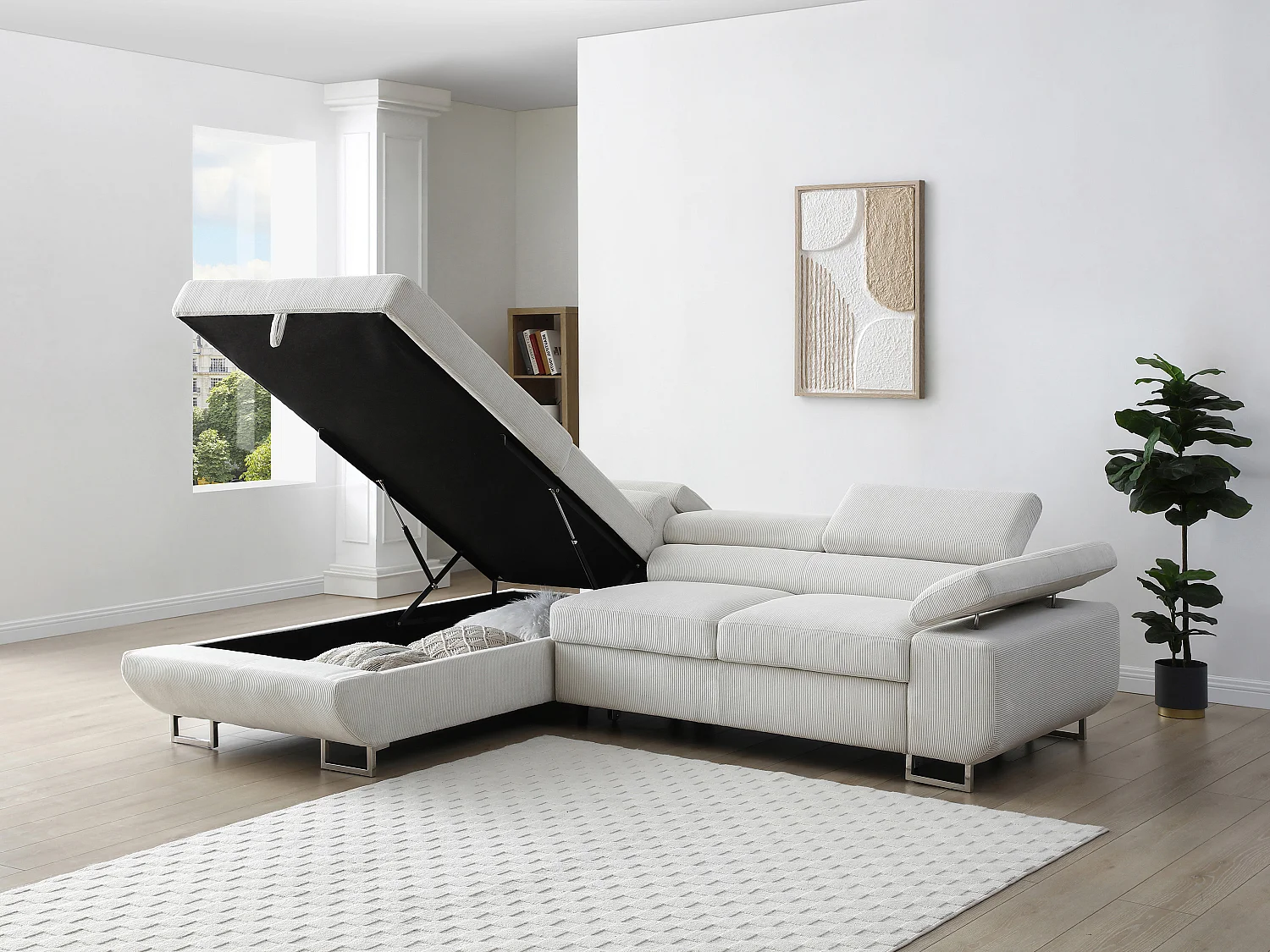 Ecksofa mit Schlaffunktion - Ecke links - Cord - Beige - NURAZIO