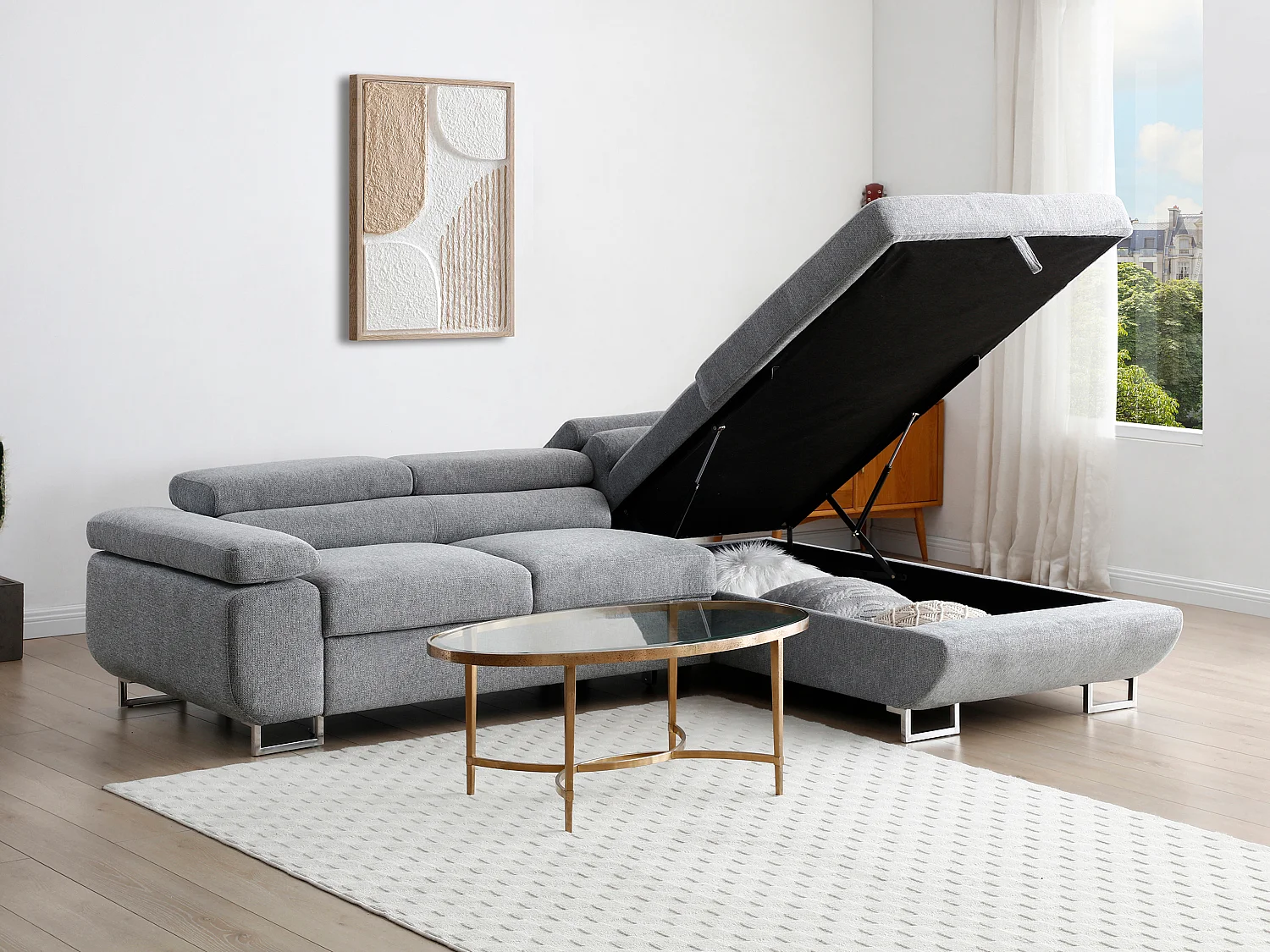 Canapé d'angle droit convertible en tissu texturé gris NURAZIO