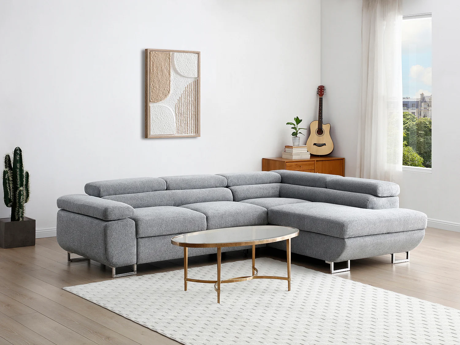 Canapé d'angle droit convertible en tissu texturé gris NURAZIO