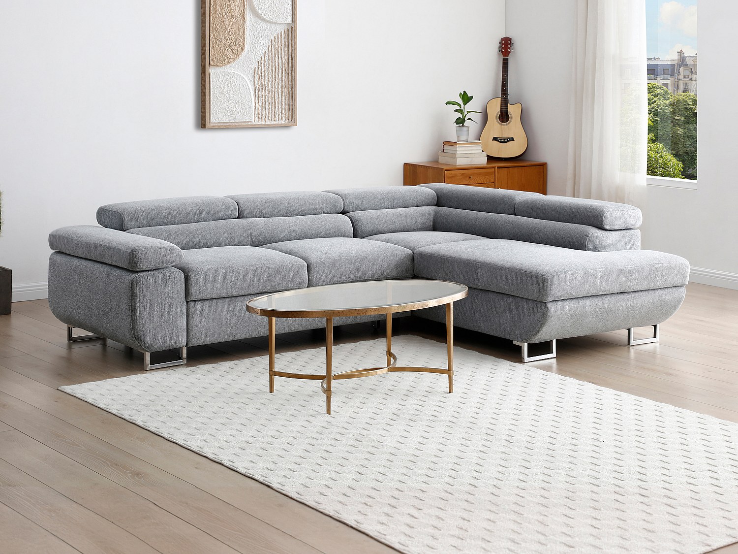 Högervänd vinkelkonvertibel soffa i grå texturerad tyg NURAZIO