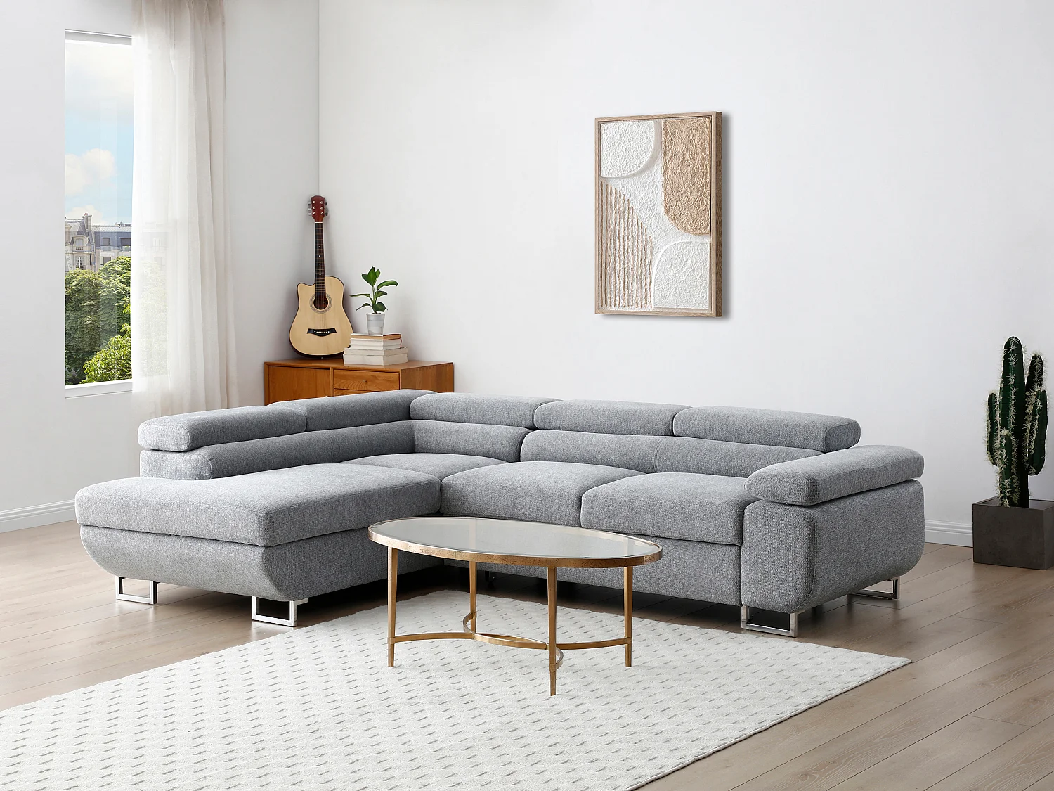 Canapé d'angle gauche convertible en tissu texturé gris NURAZIO