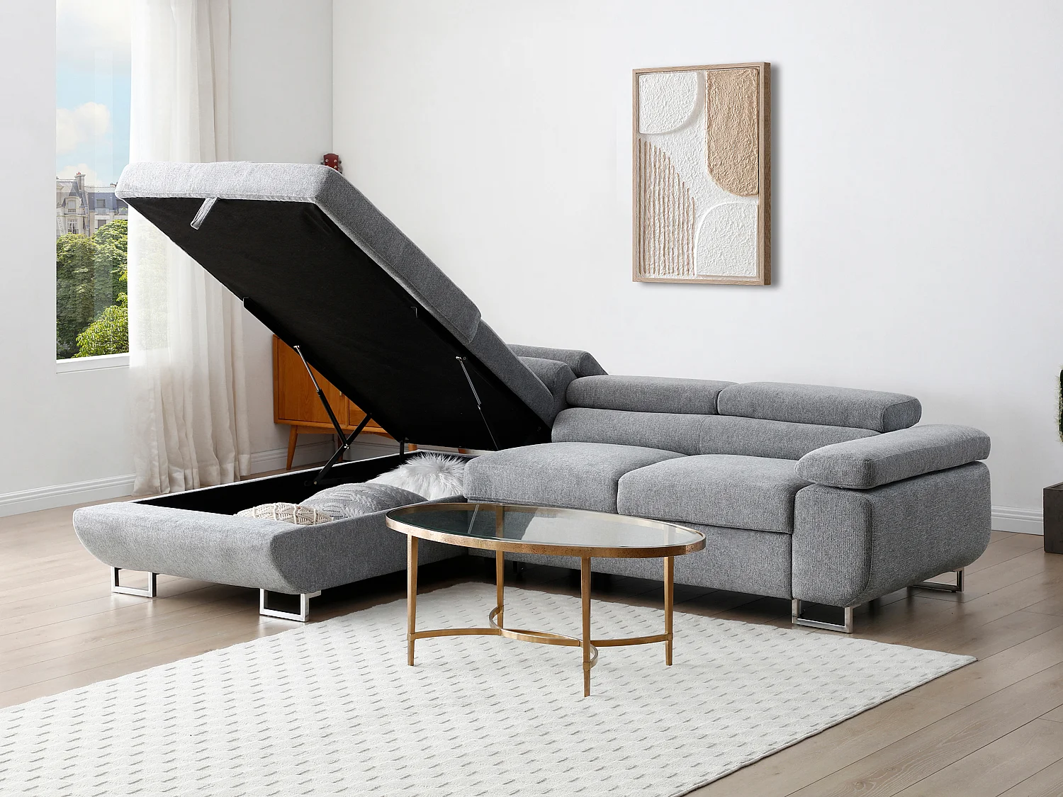 Ecksofa mit Schlaffunktion - Ecke links - Strukturstoff - Grau - NURAZIO