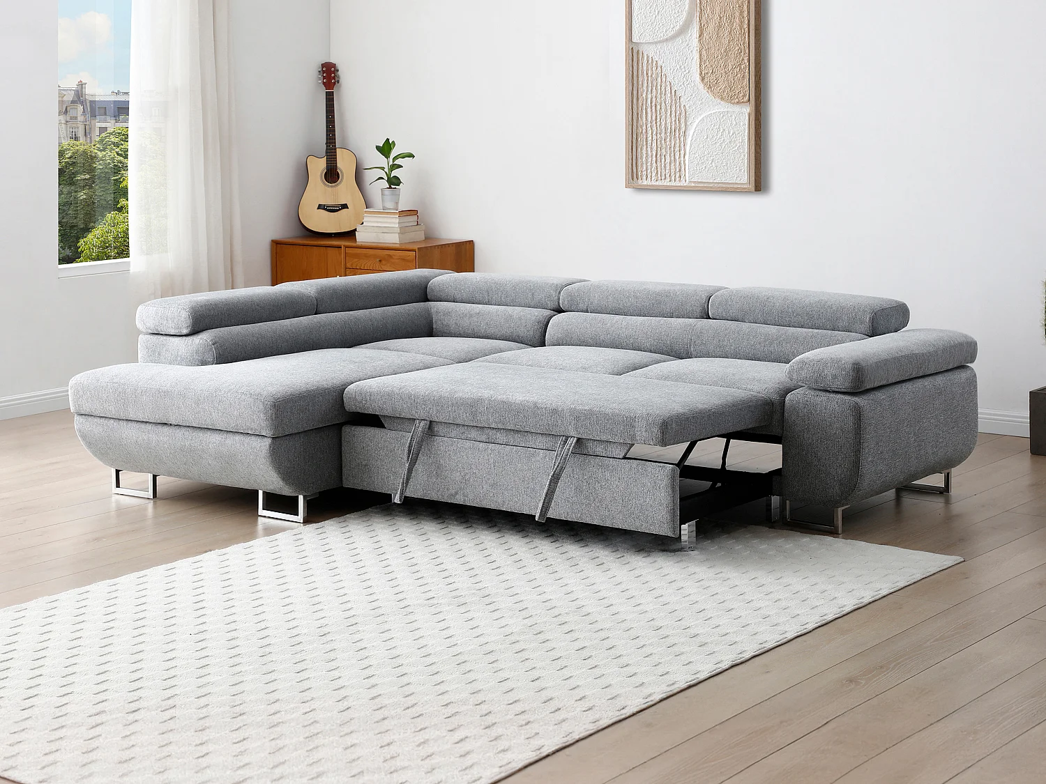 Ecksofa mit Schlaffunktion - Ecke links - Strukturstoff - Grau - NURAZIO