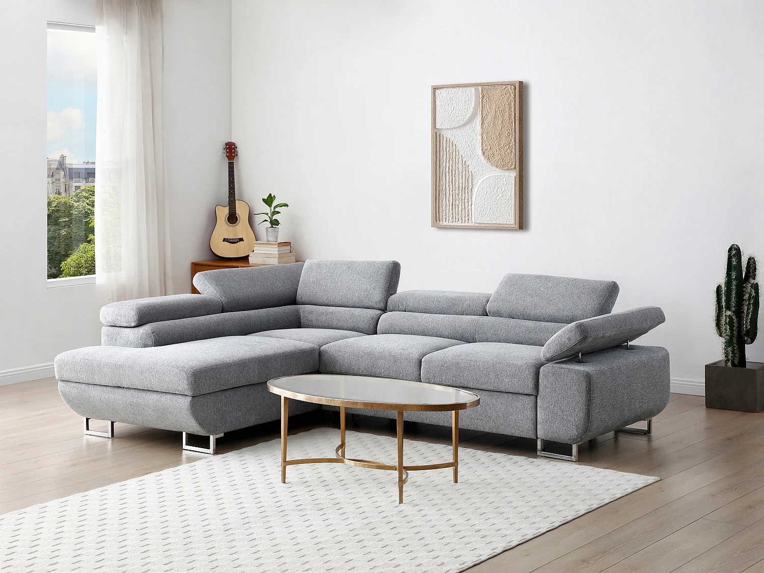 Ecksofa mit Schlaffunktion - Ecke links - Strukturstoff - Grau - NURAZIO