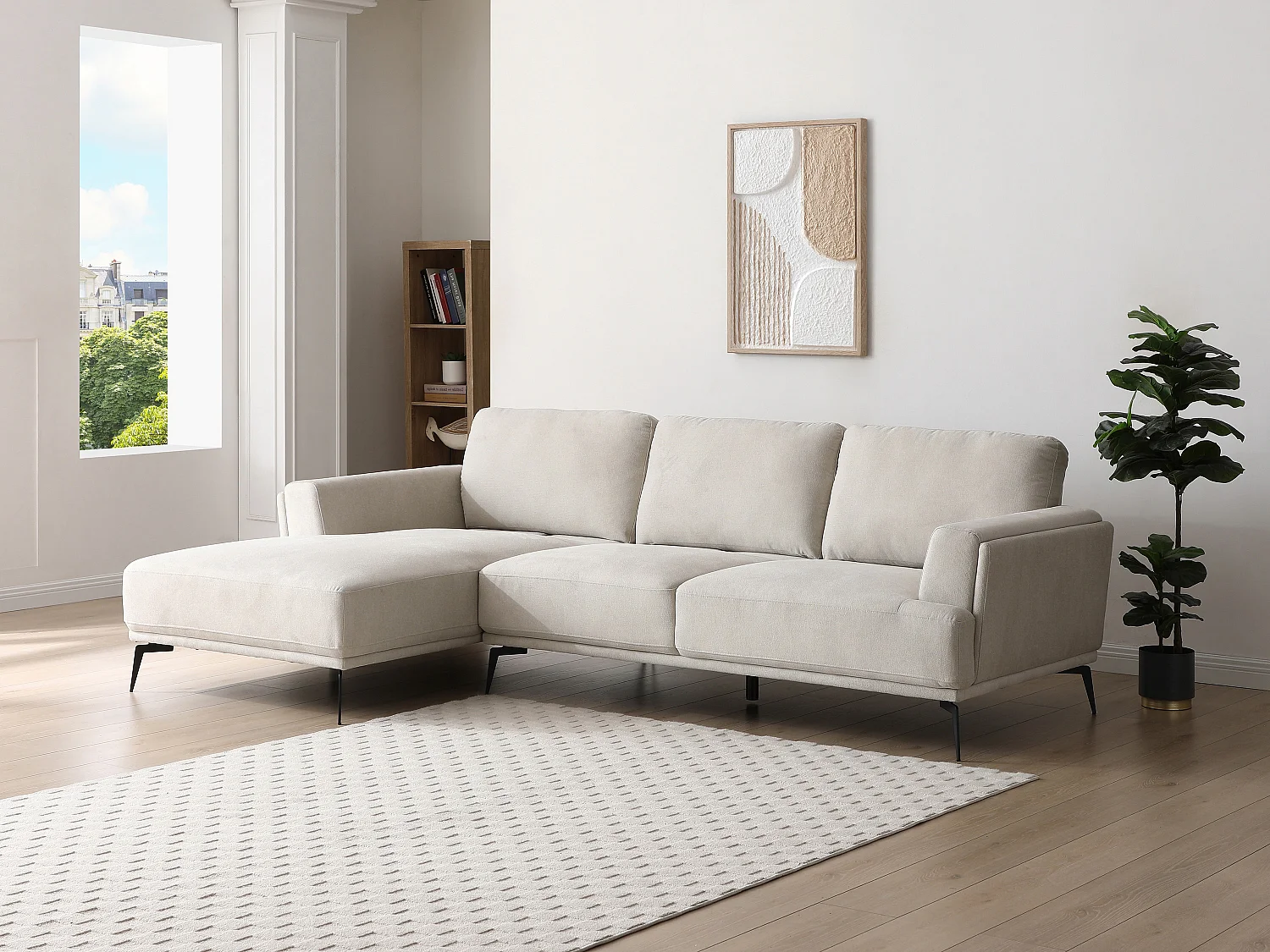 Vänsterställd hörnsoffa med skjutbart ryggstöd i texturerat beigt tyg ARSODA