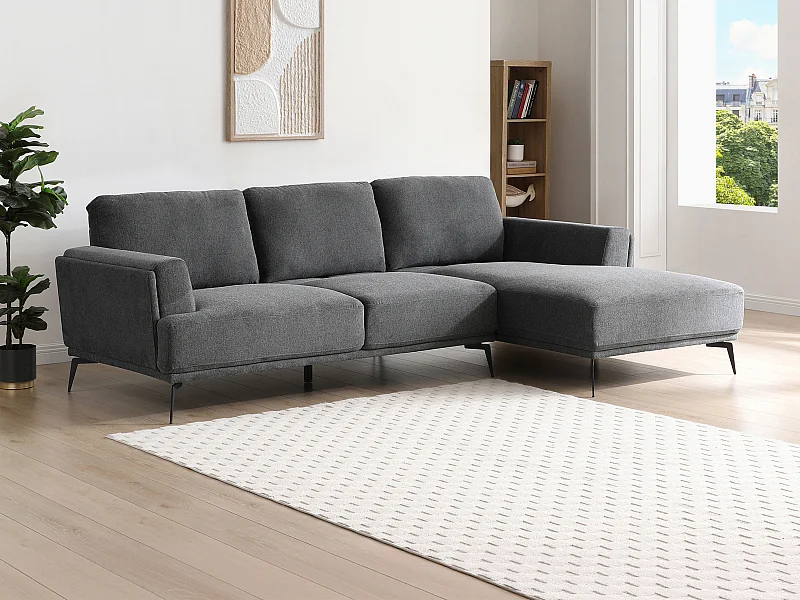 Canapé d'angle droit dossier avance-recule en tissu texturé gris anthracite ARSODA