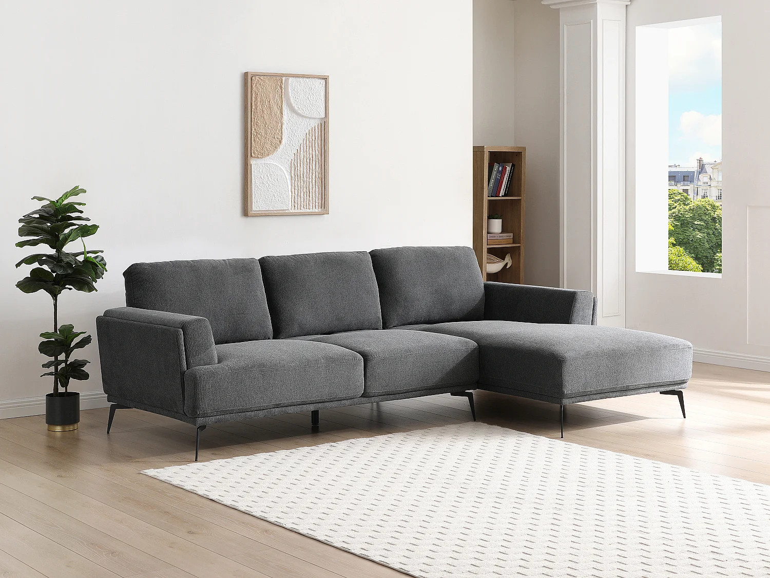 Canapé d'angle droit dossier avance-recule en tissu texturé gris anthracite ARSODA