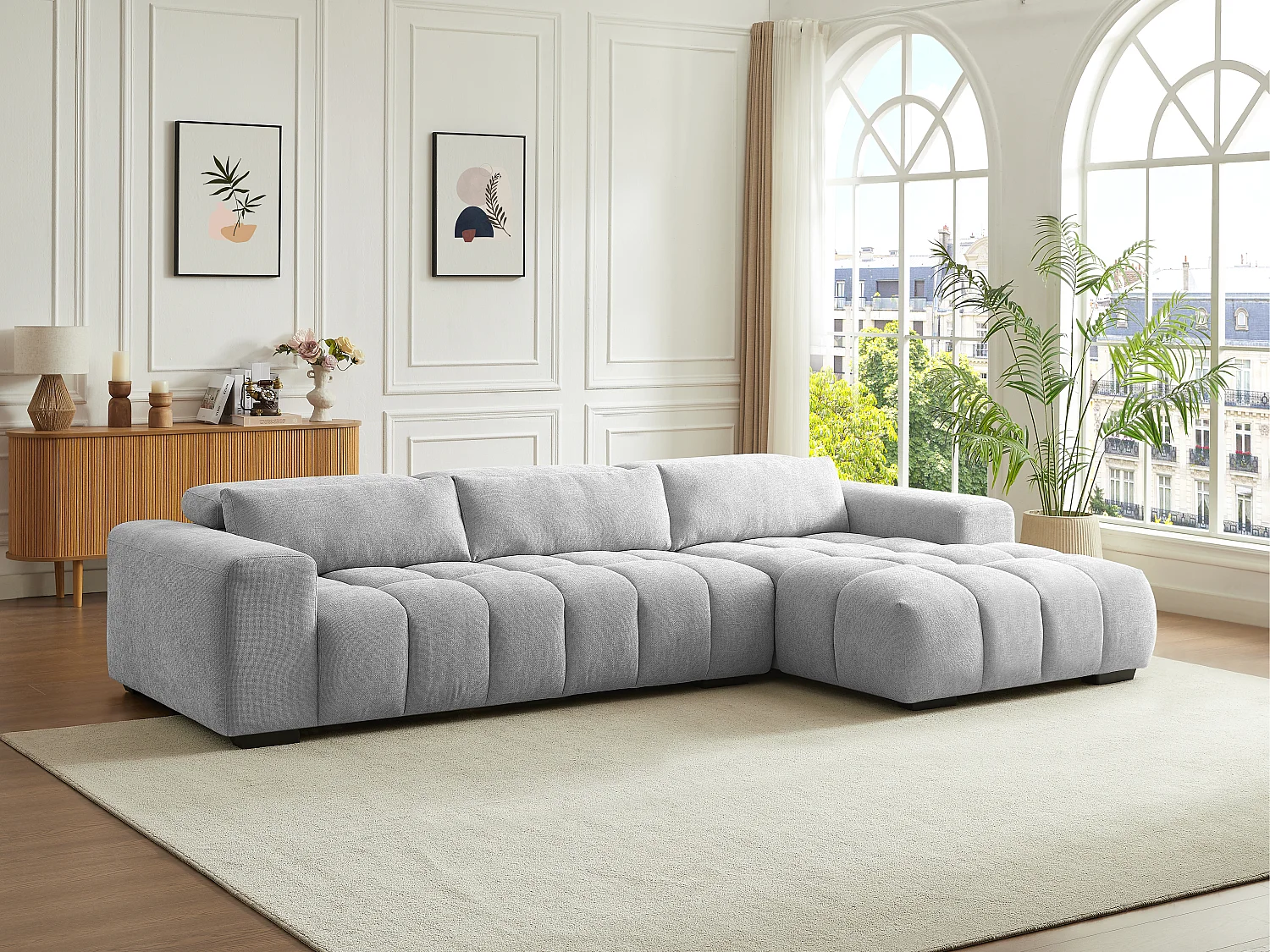 Canapé d'angle droit en tissu texturé gris LOPONZA