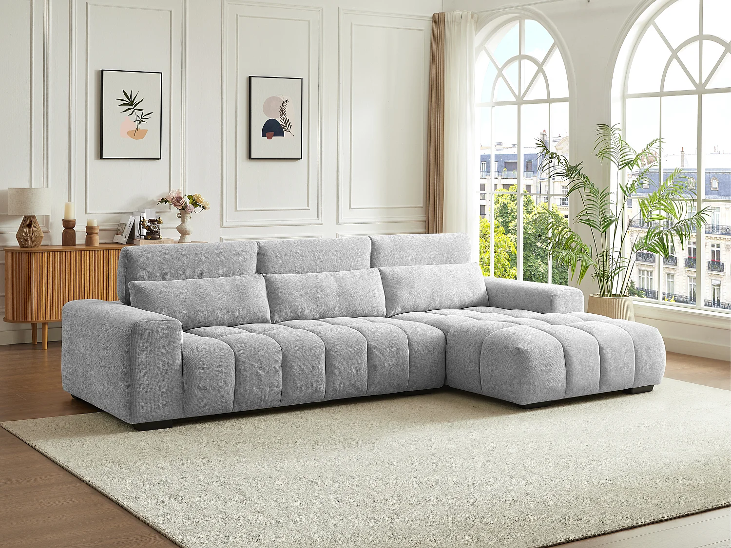 Canapé d'angle droit en tissu texturé gris LOPONZA