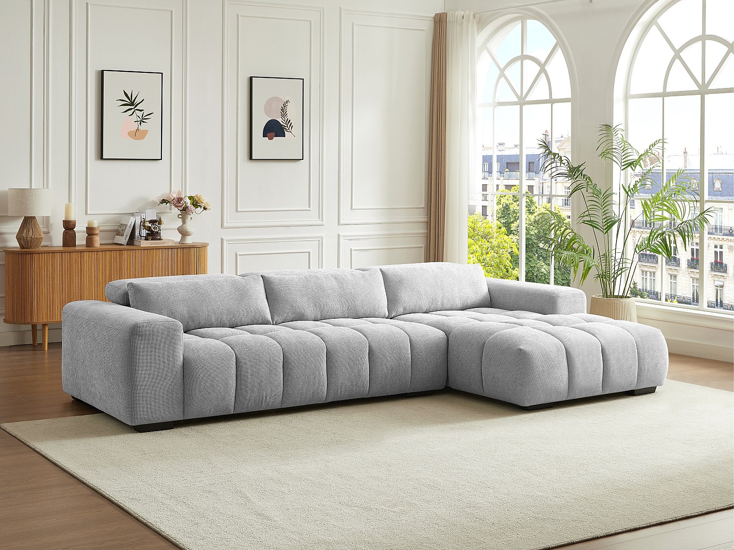 Canapé d'angle droit en tissu texturé gris LOPONZA