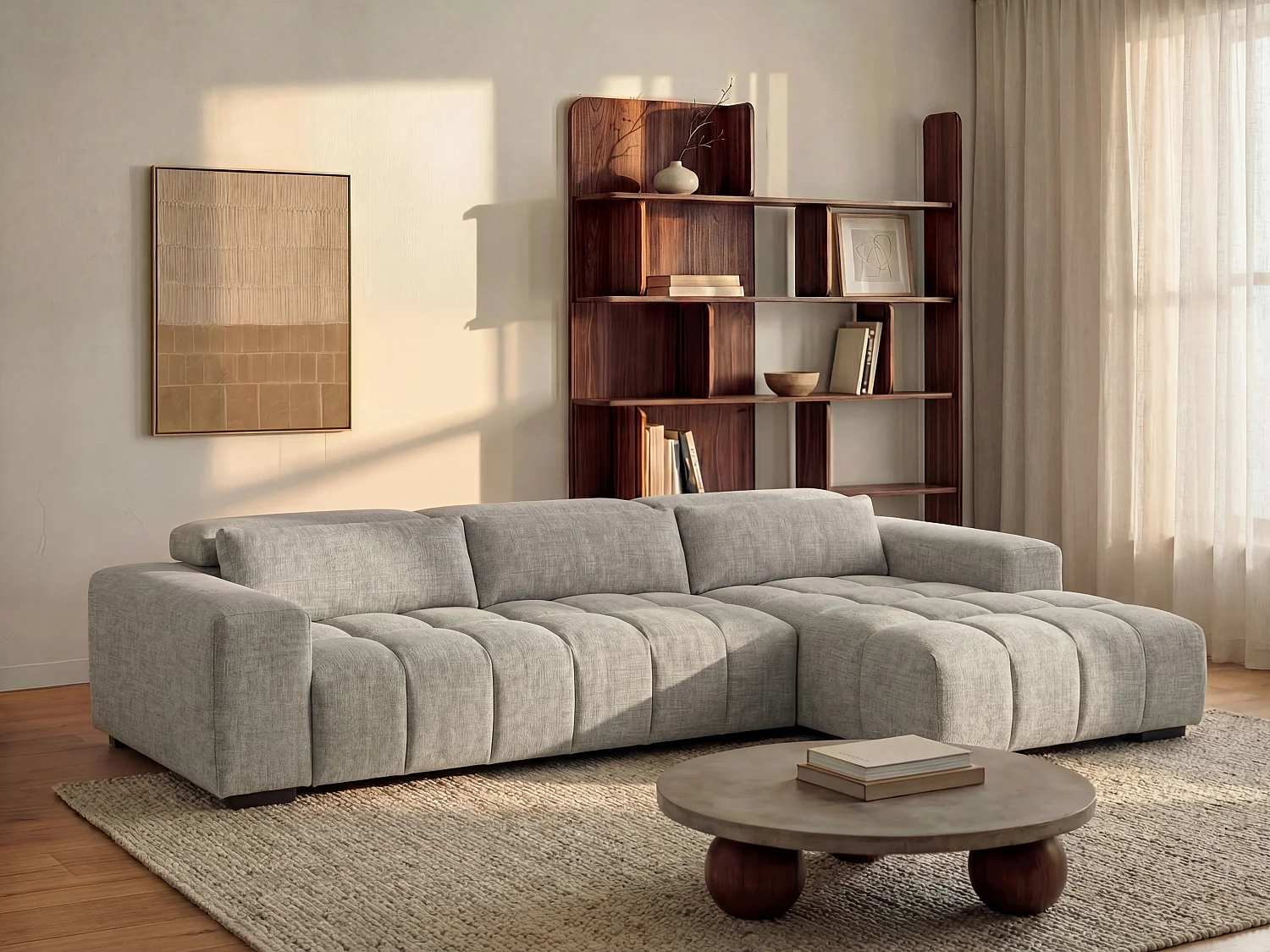 Kanapa narożna prawostronna z szarą teksturowaną tapicerką - LOPONZA