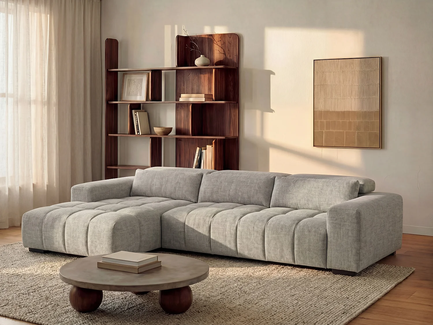 Kanapa narożna lewostronna z szarą teksturowaną tapicerką - LOPONZA