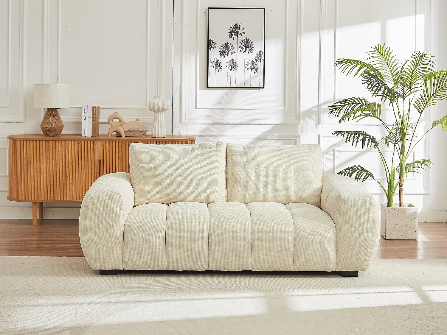 Driezitsbank van beige stof BERENIA