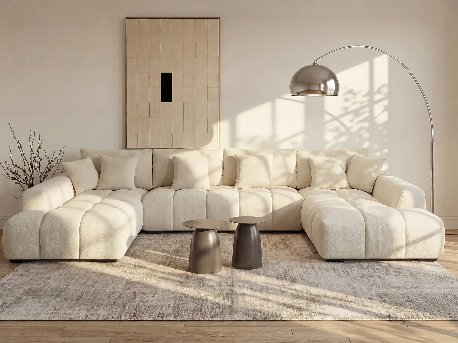 Grand canapé d'angle panoramique en tissu texturé beige BERENIA