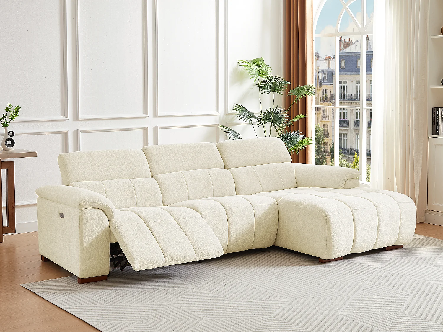 Elektrische relaxbank met rechtse hoek in beige stof MOLPICA