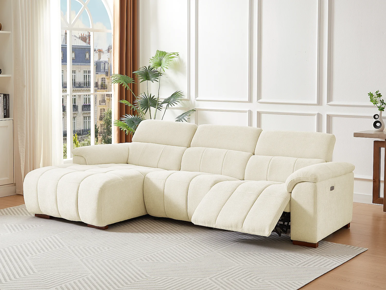 Sofá rinconera izquierdo relax eléctrico de tela beige MOLPICA