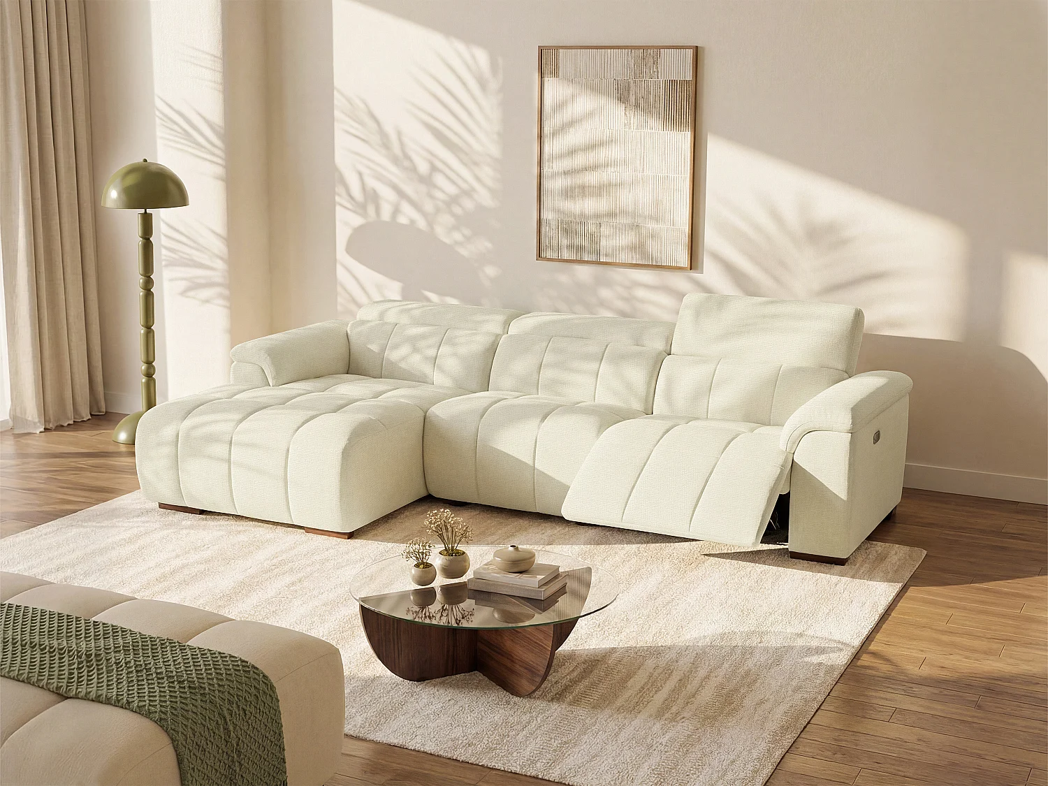 Elektrische relaxbank met linkse hoek in beige stof MOLPICA