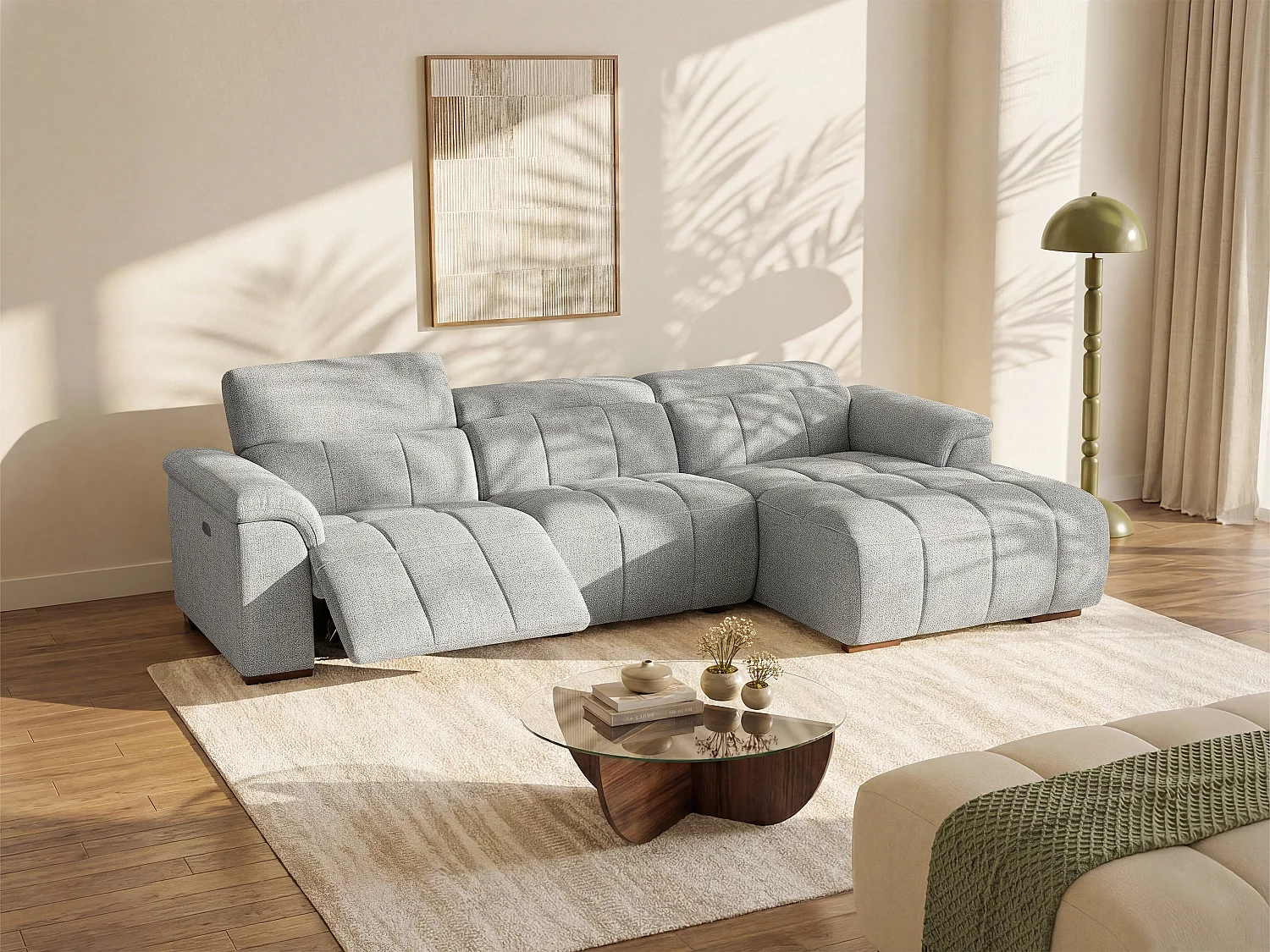 Kanapa narożna prawostronna z elektryczną funkcją relax i jasnoszarą tapicerką - MOLPICA