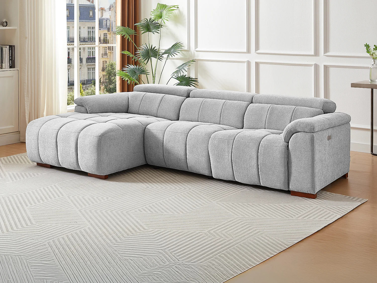 Canapé d'angle gauche relax électrique en tissu gris clair MOLPICA
