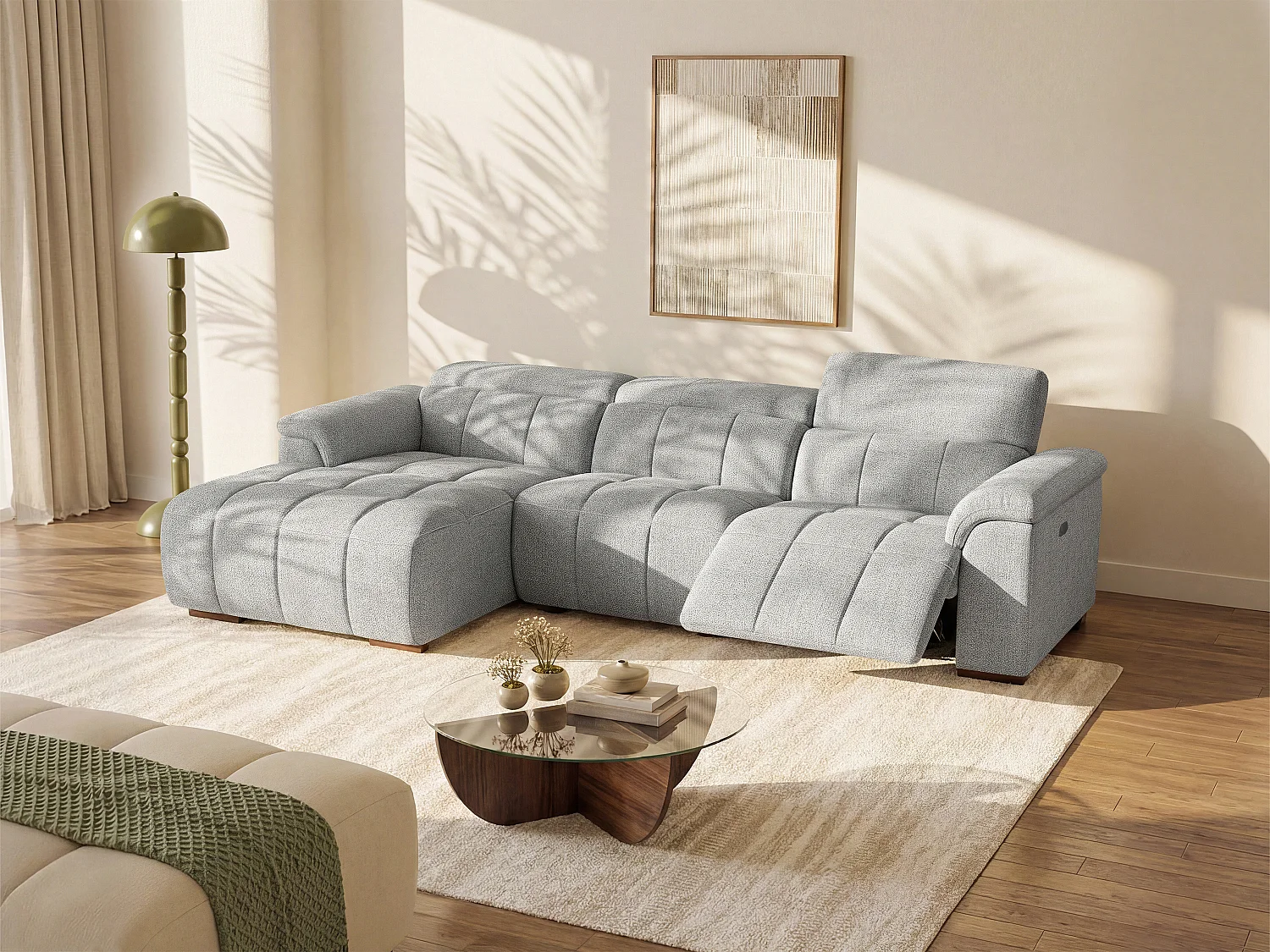 Sofá rinconera izquierda relax eléctrico de tela gris claro MOLPICA