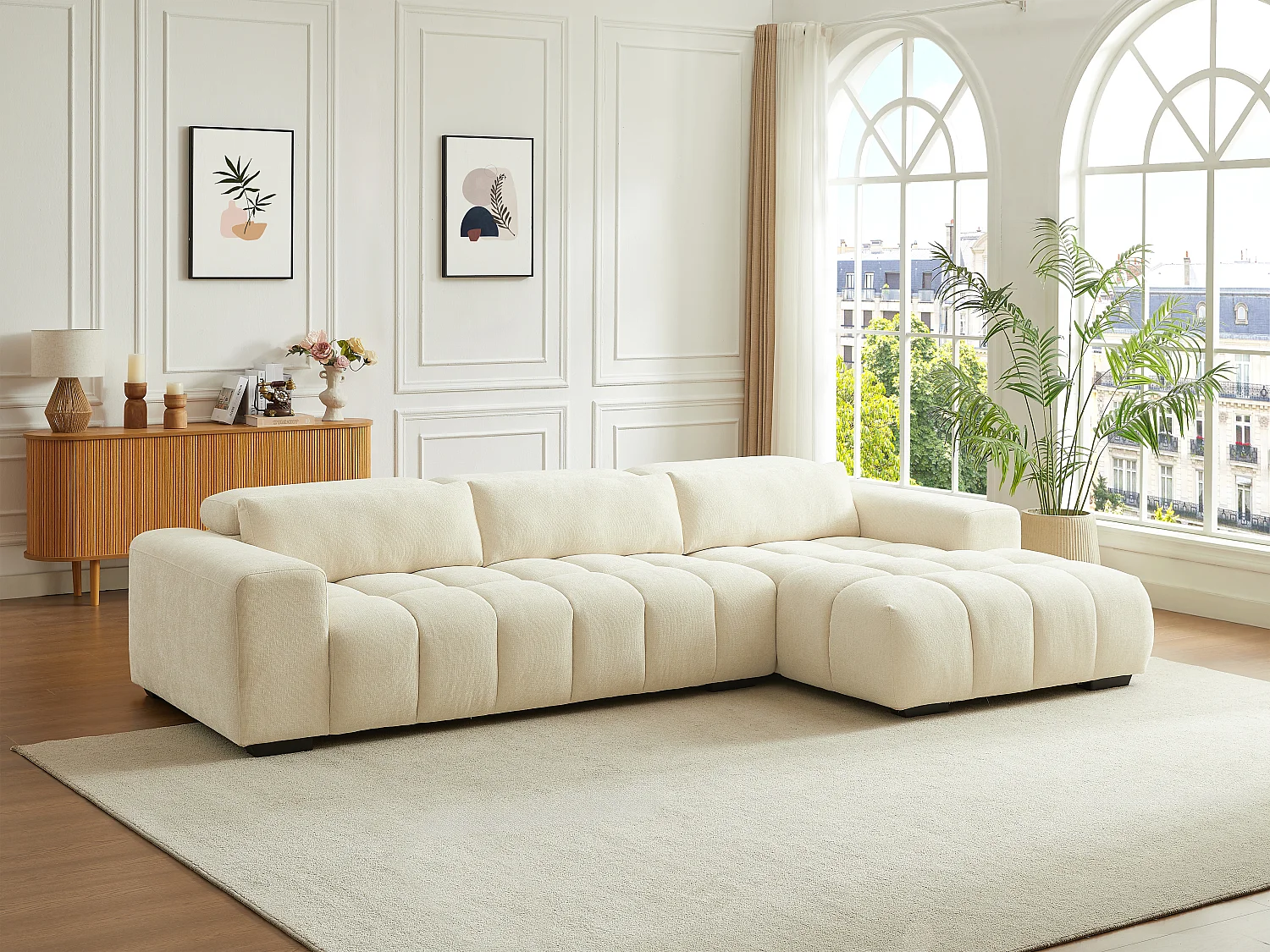 Canapé d'angle droit en tissu texturé beige LOPONZA