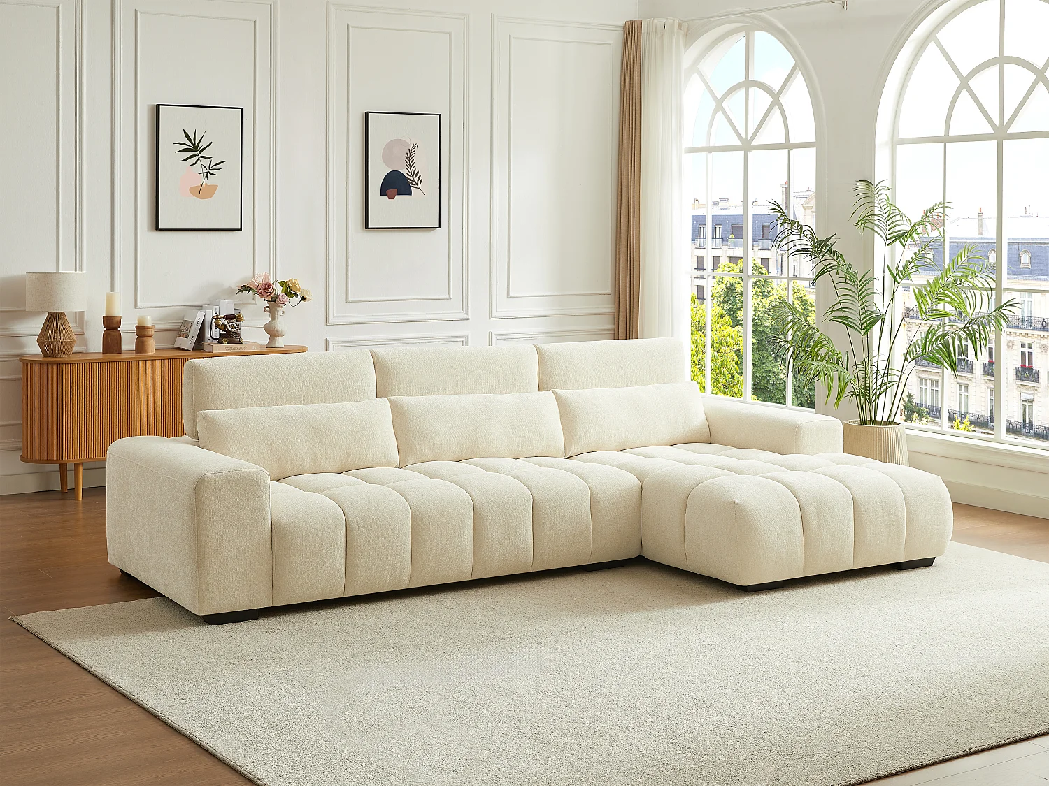 Sofá rinconera derecho de tela texturizada beige LOPONZA