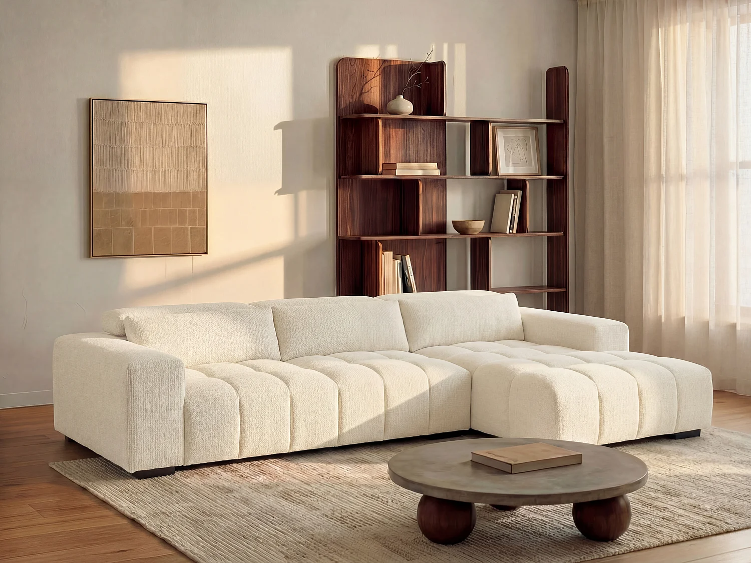 Hoekslaapbank met hoek rechts van beige stof met textuur LOPONZA