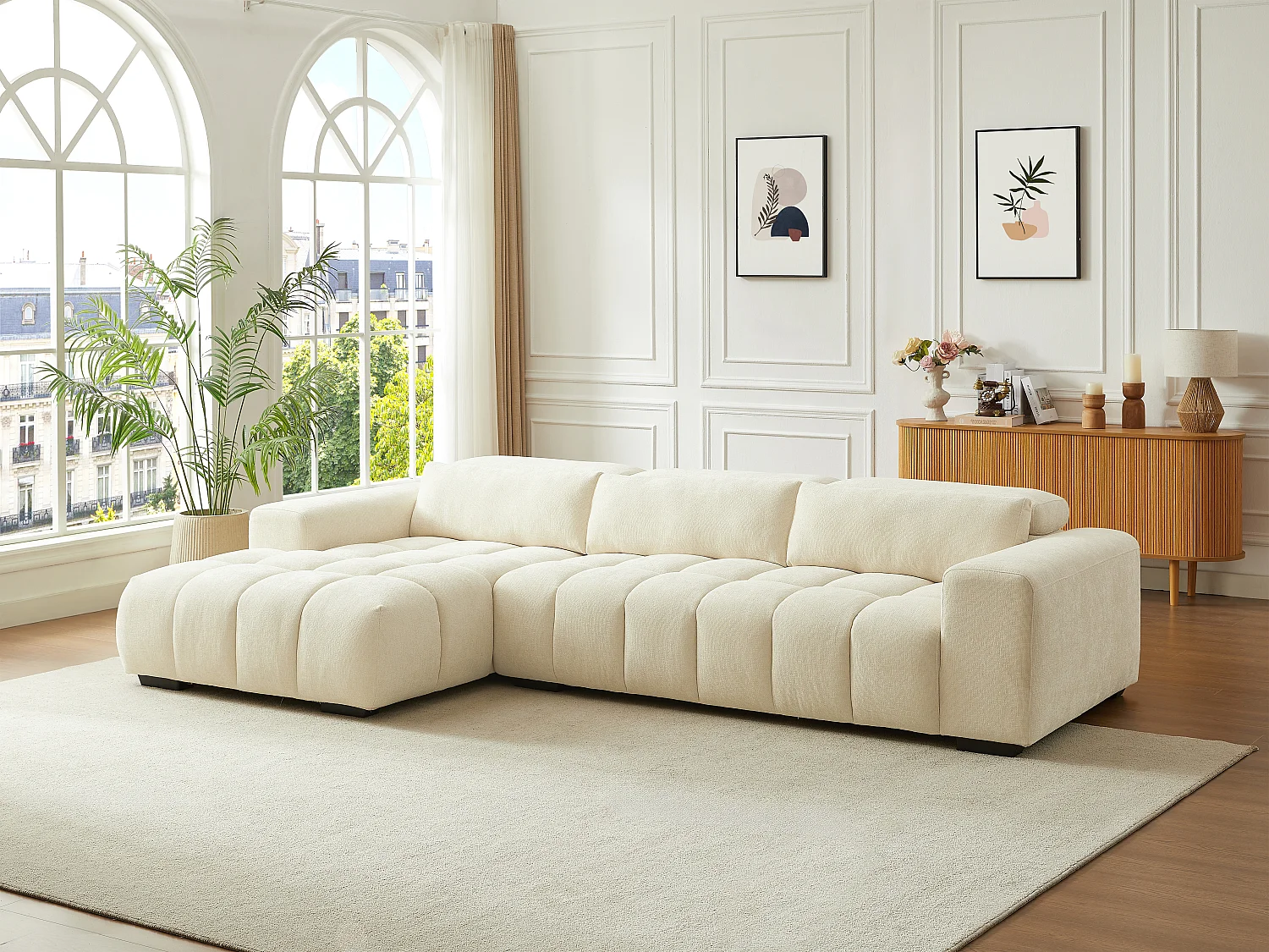 Canapé d'angle gauche en tissu texturé beige LOPONZA