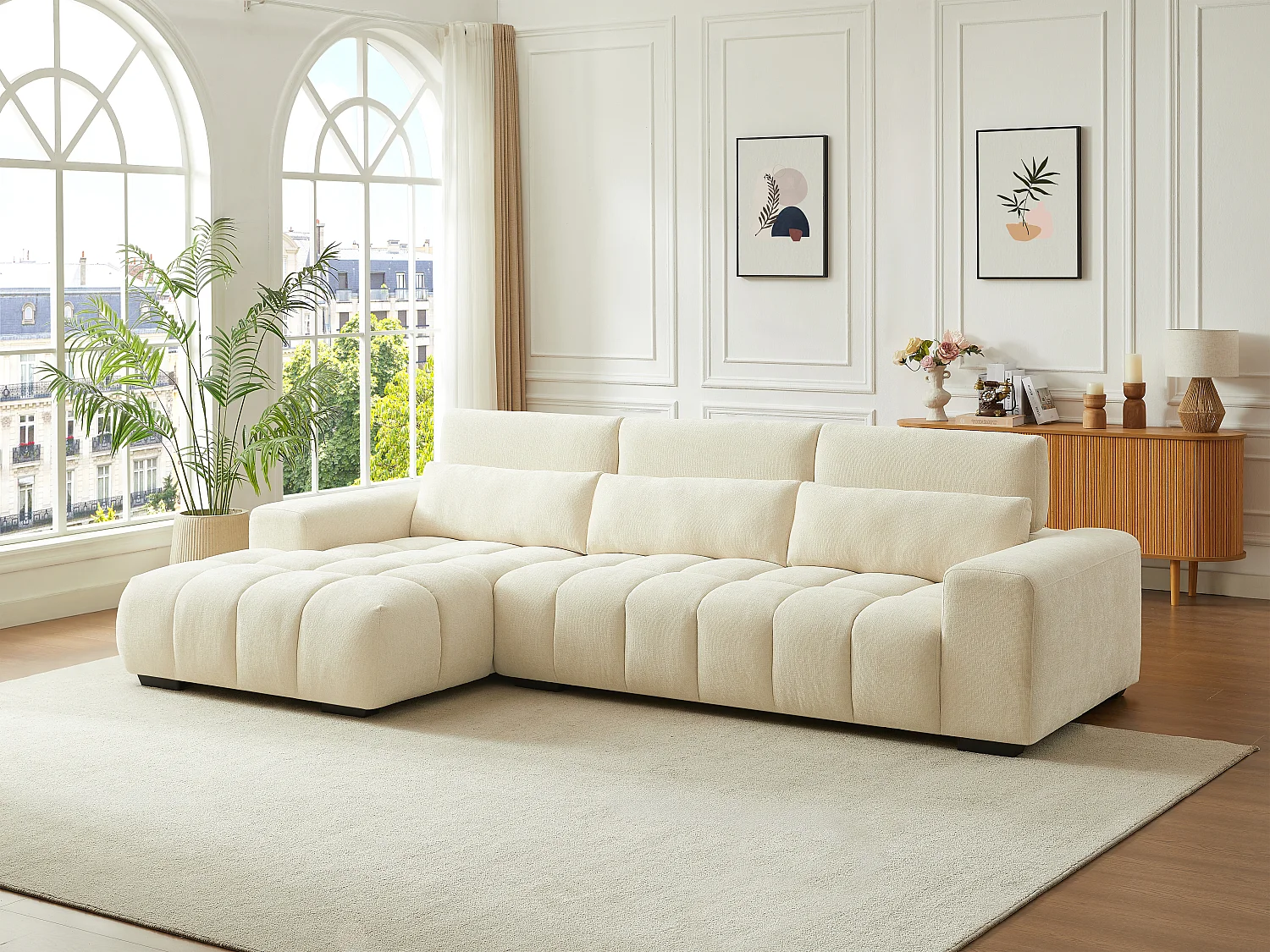 Sofá rinconera izquierda de tela texturizada beige LOPONZA