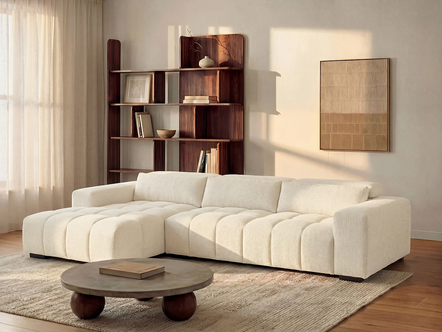 Hoekslaapbank met hoek links van beige stof met textuur LOPONZA