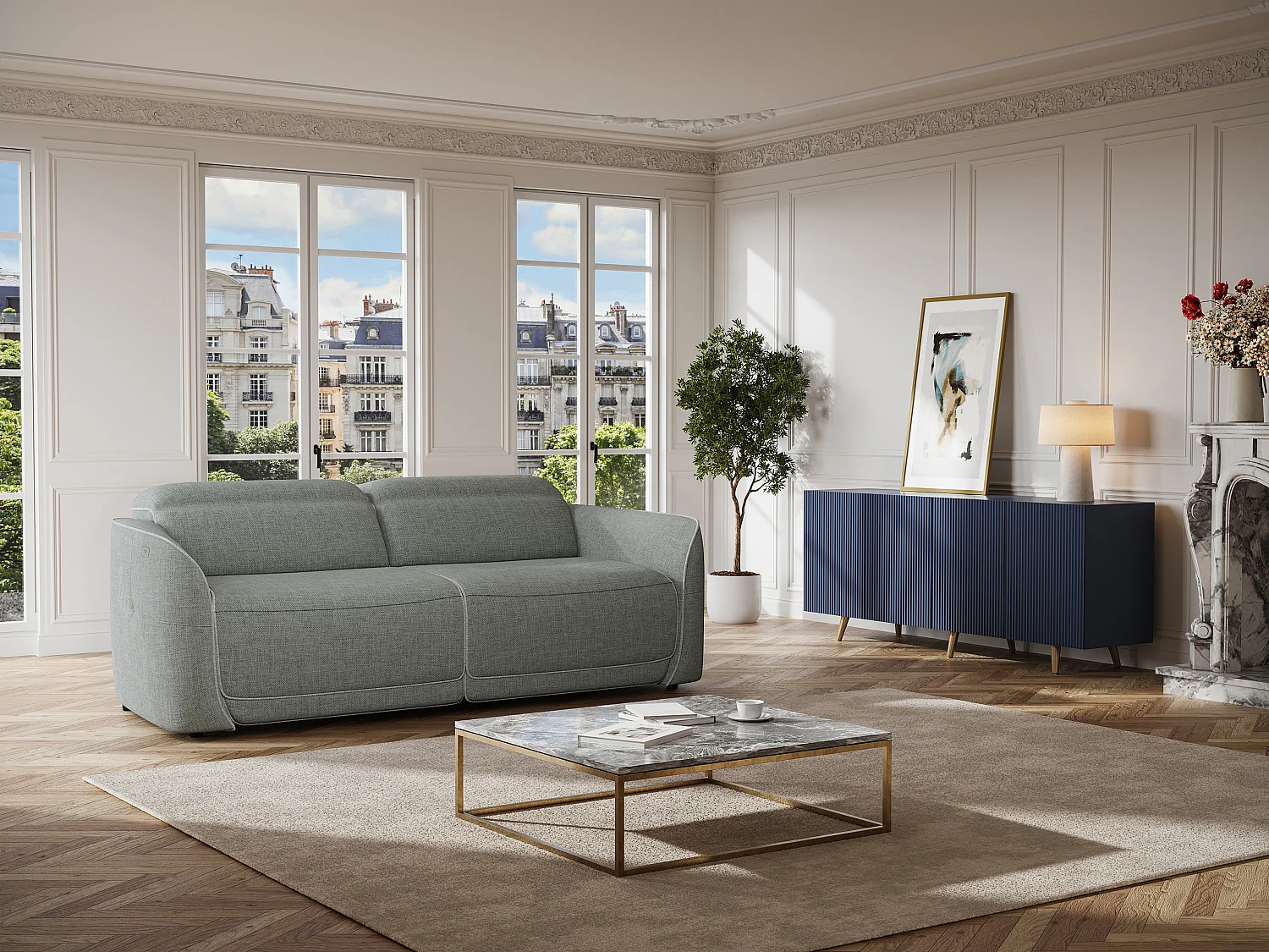 Relaxsofa elektrisch 3-Sitzer - melierter Stoff - Grau - OZARTO