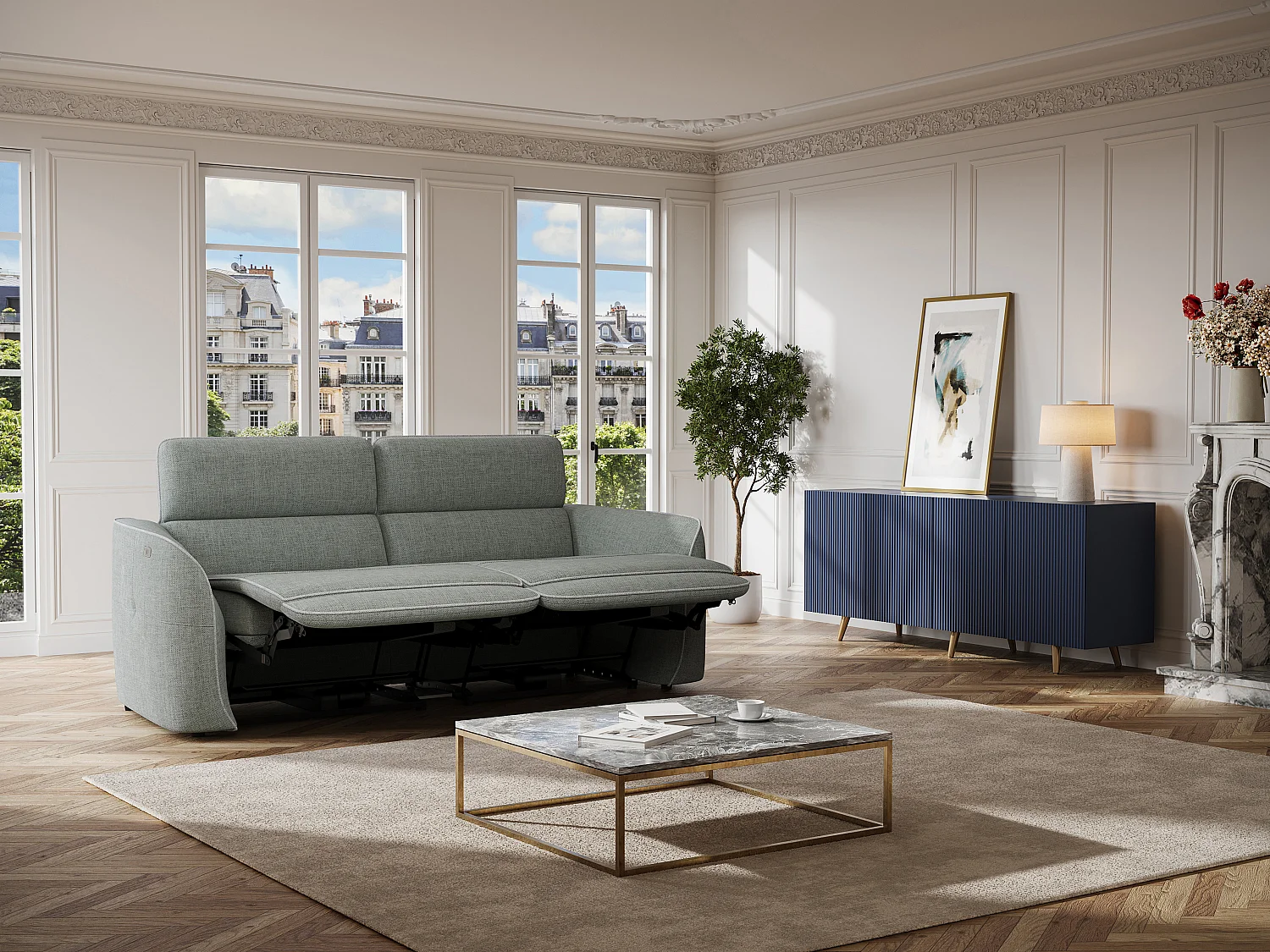 Relaxsofa elektrisch 3-Sitzer - melierter Stoff - Grau - OZARTO