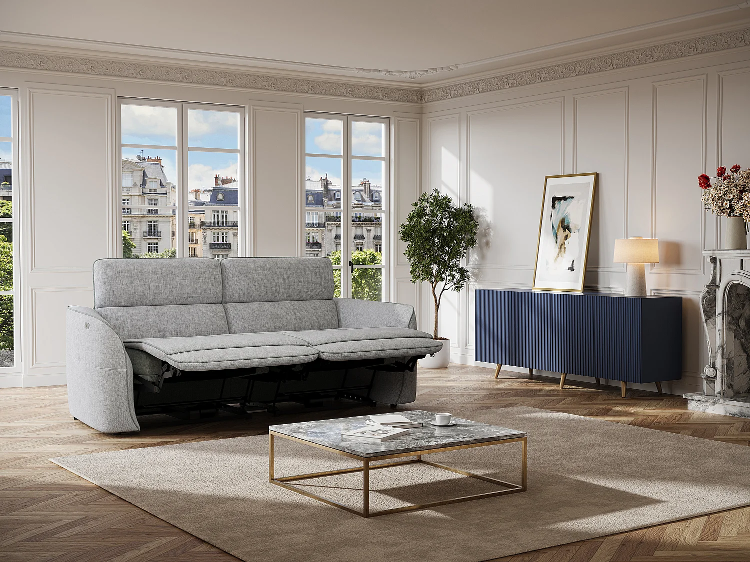 Relaxsofa elektrisch 3-Sitzer - melierter Stoff - Hellgrau - OZARTO