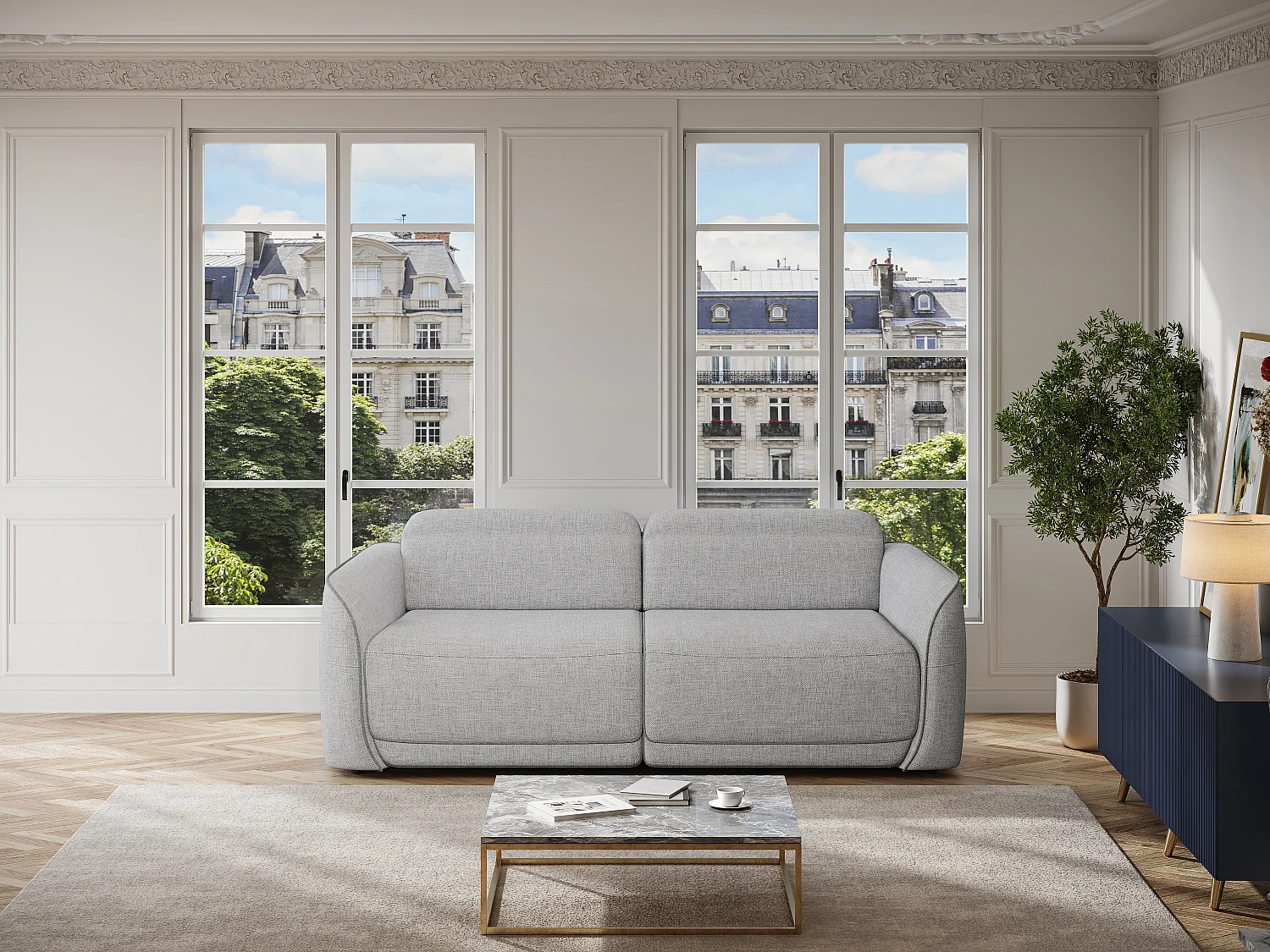 Relaxsofa elektrisch 3-Sitzer - melierter Stoff - Hellgrau - OZARTO