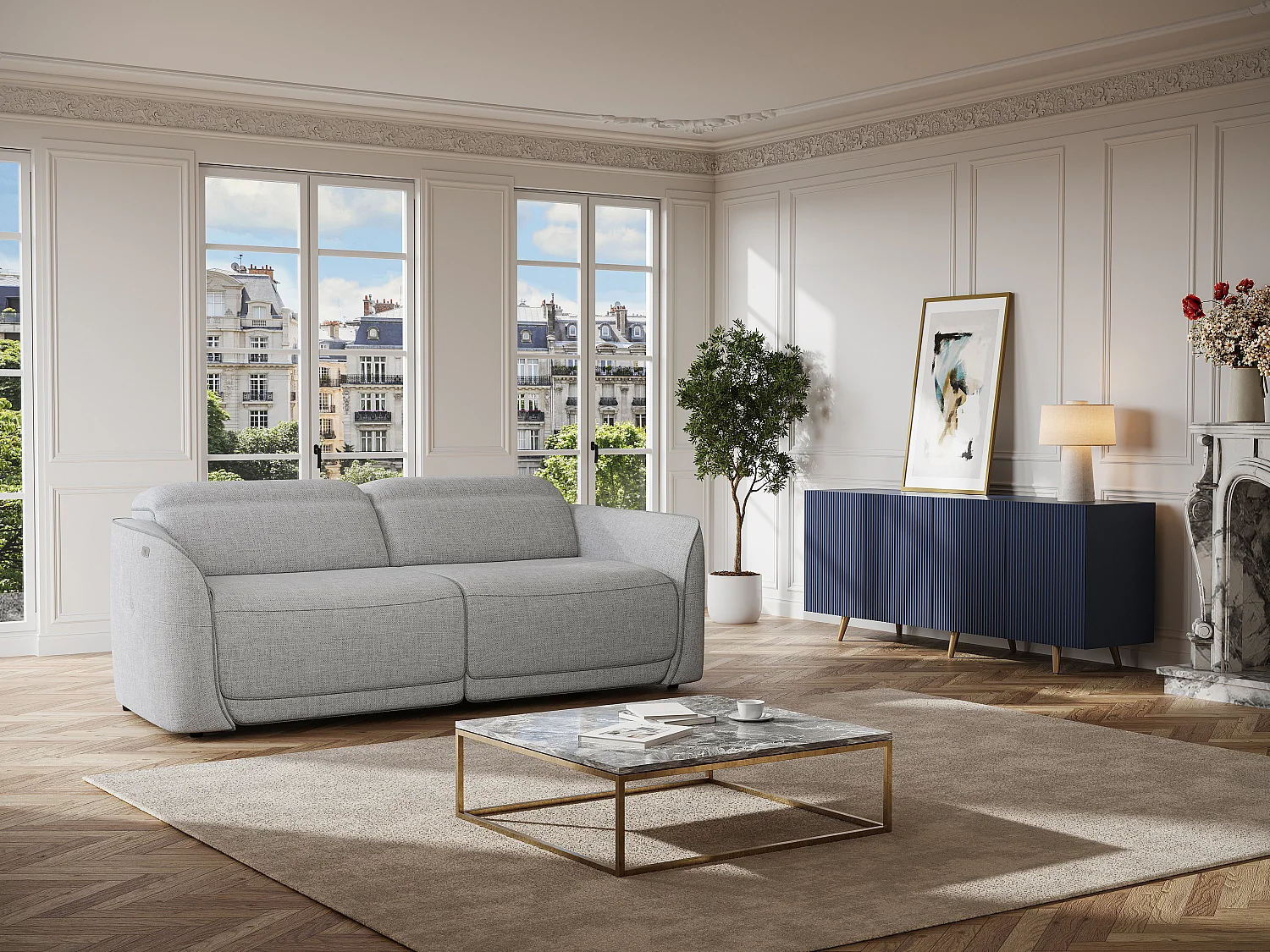 Relaxsofa elektrisch 3-Sitzer - melierter Stoff - Hellgrau - OZARTO