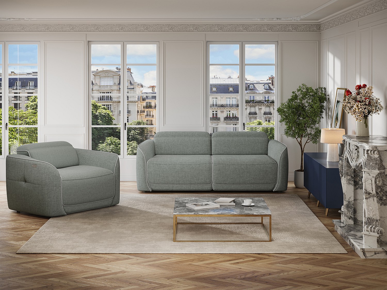 Relaxsessel elektrisch - melierter Stoff - Grau - OZARTO günstig online kaufen